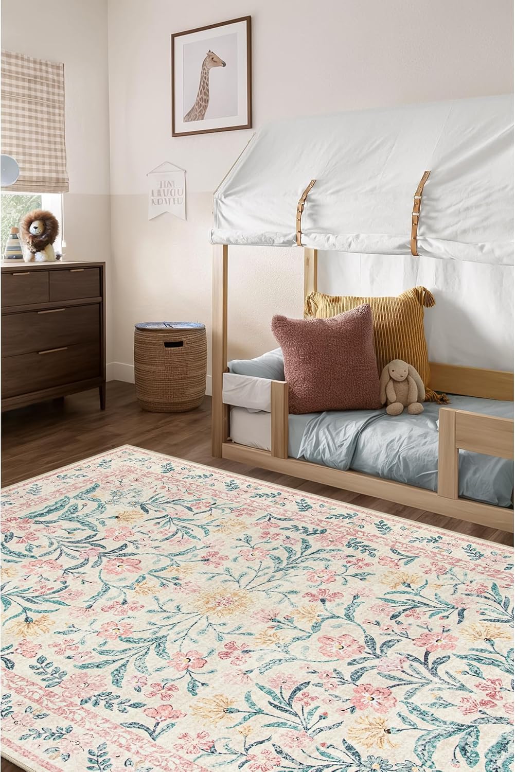 Wonnitar Machine Washable 5x7 Nursery Rug, Pink Rugs for Bedroom Girls, Boho Soft Floral Carpet Non