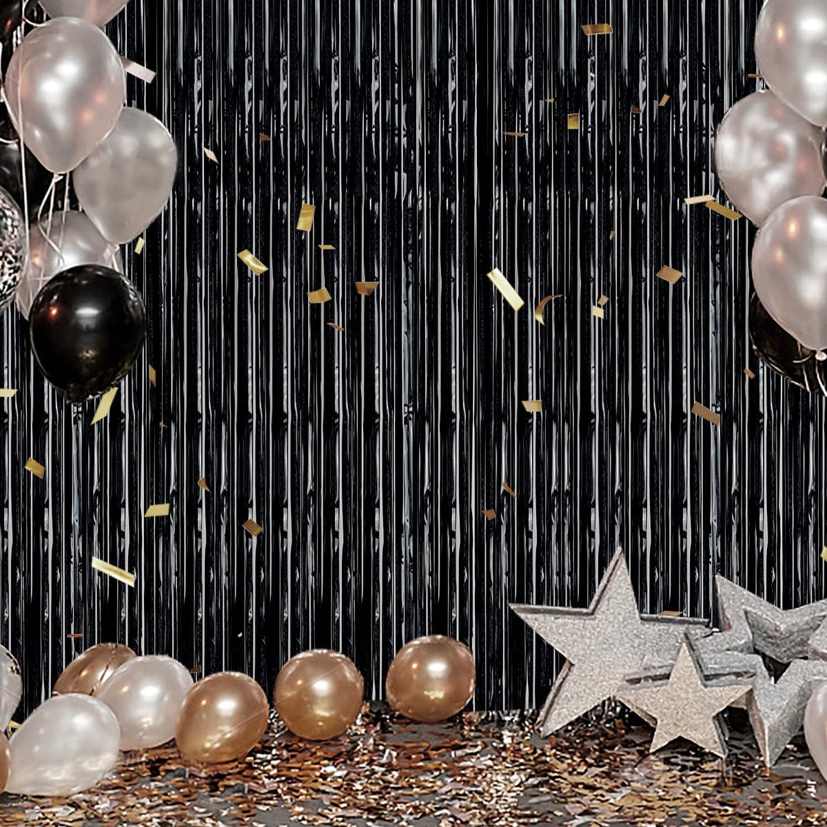 3 Pack Foil Fringe Backdrop - Laser Black Shiny Tinsel Curtains for Party Decoration/Photo Booth