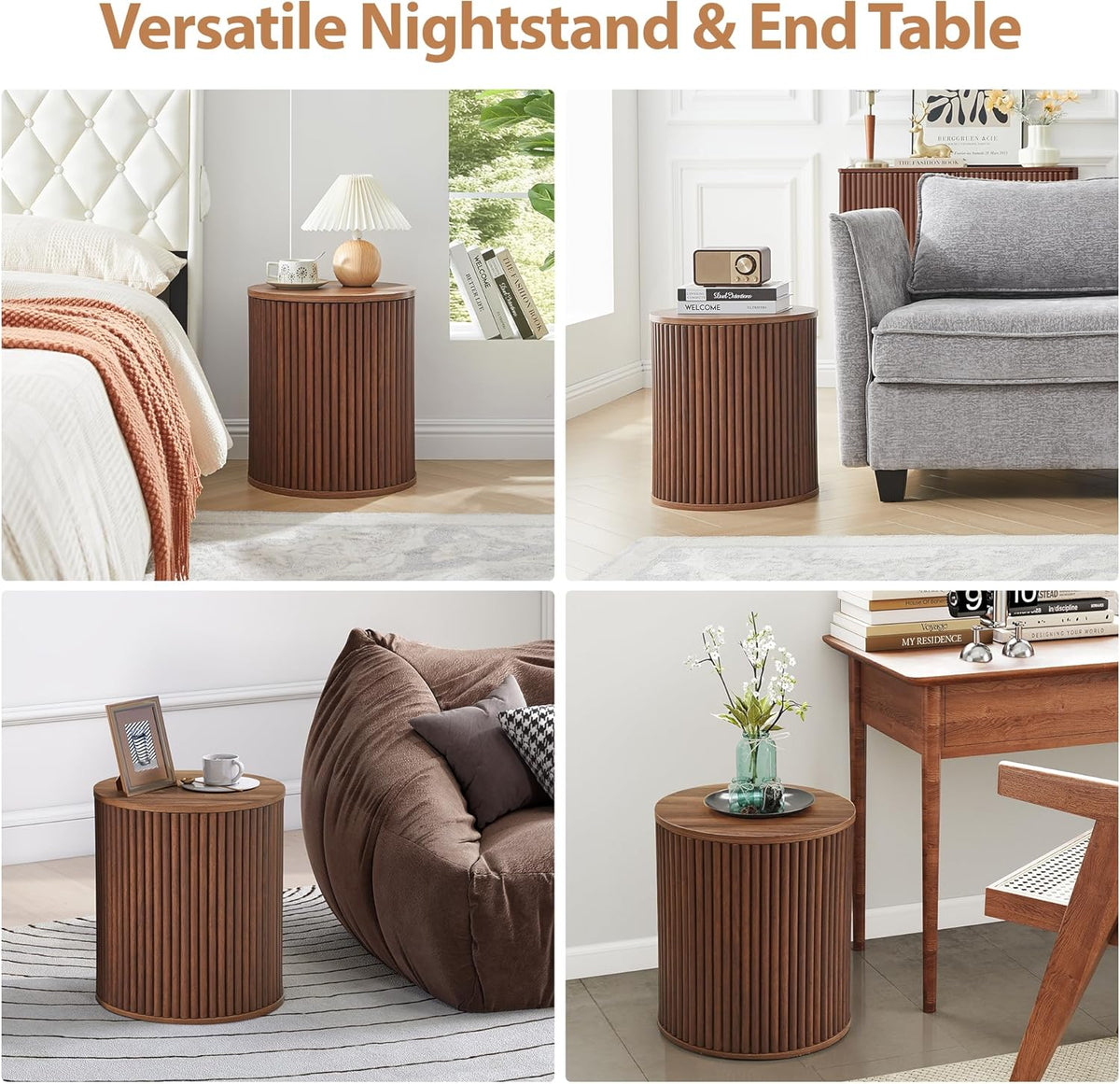 AVZEAR Small Round Side Table Fluted Night Stand Set of 2, Mid Century Modern End Table with