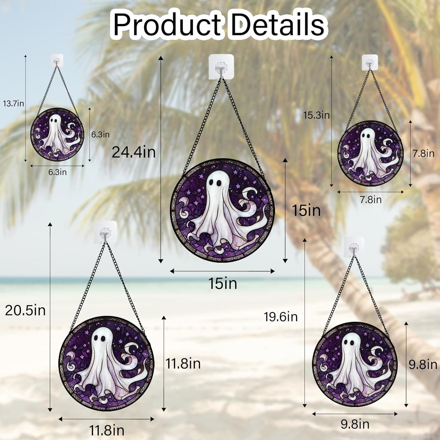 Stained Glass Window Hanging - Halloween Decorations White Ghost Purple Stars Suncatcher for Doors
