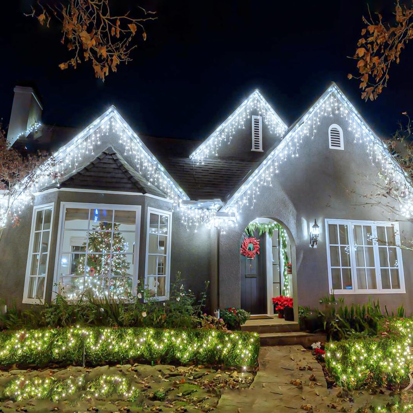 Icicle lights Outdoor - 33ft Christmas Lights with 400LED 75 Drops 8 Modes, Plug in Curtain String