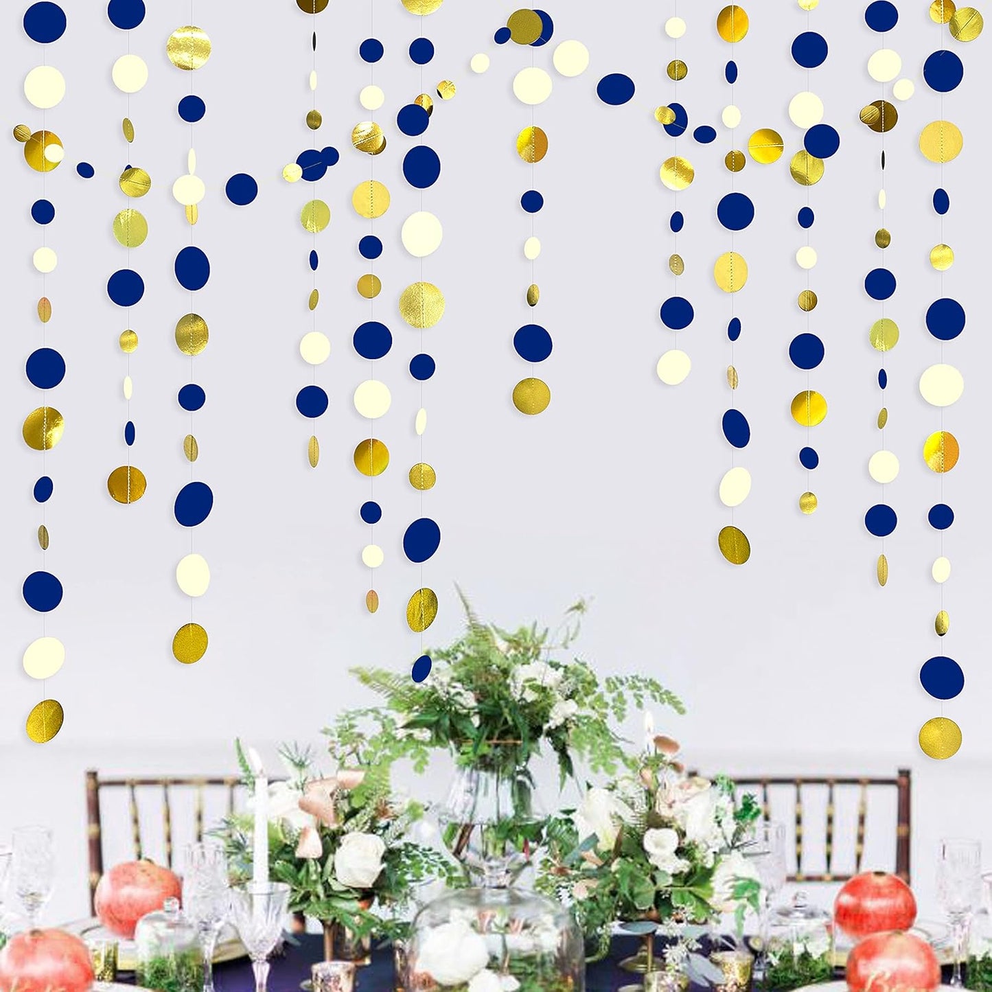 46 Ft Navy Blue and Gold Circle Dots Garland Royal Blue Hanging Paper Polka Dot Streamer for