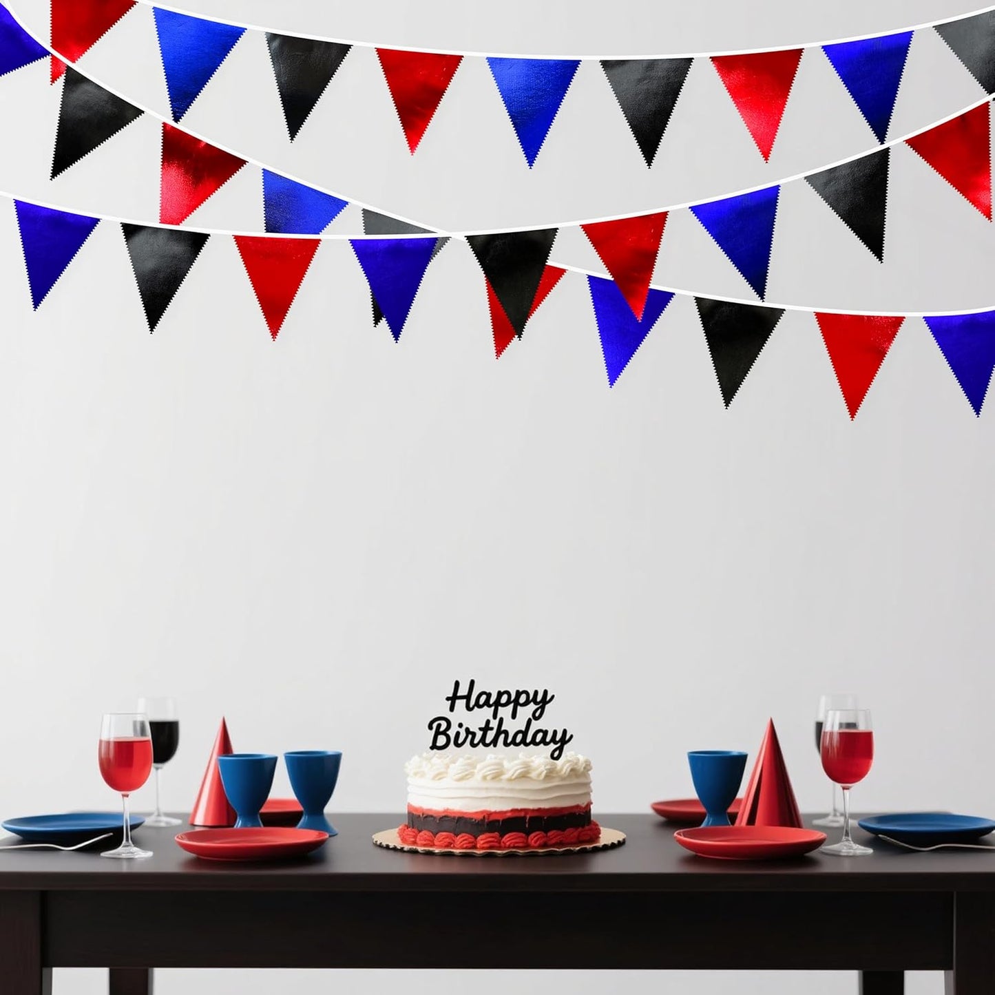 Navy Blue Red Black Party Decorations Metallic Fabric Triangle Pennant Banner Flag Bunting Garland