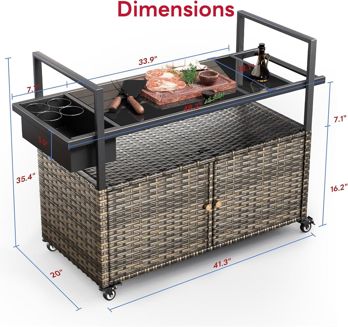 Outdoor Bar Cart with Storage Cabinet, Patio Bar Table with Tempered Glass Tabletop, Outdoor