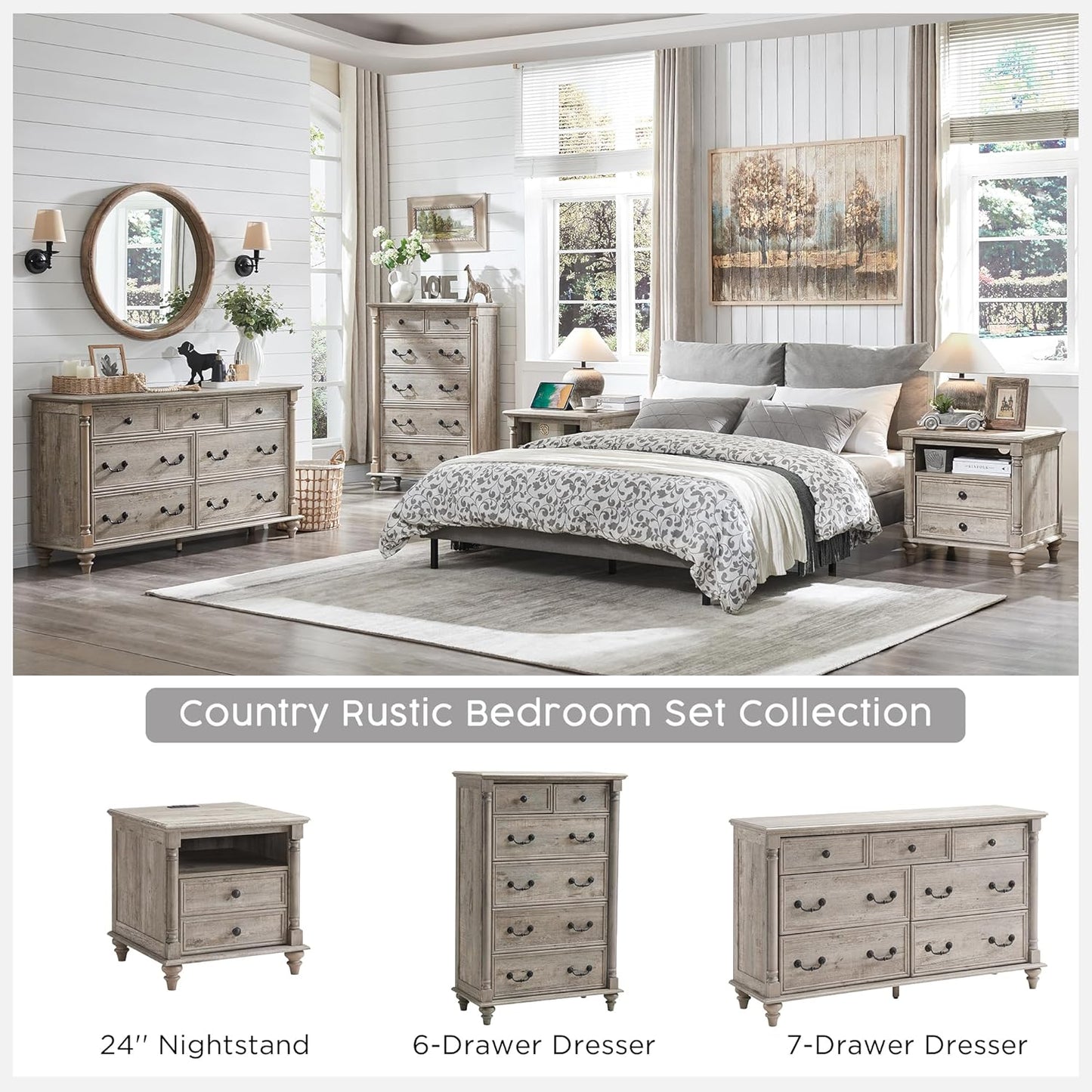 T4TREAM 24'' Farmhouse End Table w/4 Solid Wood Feet, Large 2 Drawers Wide Sofa Side Table with