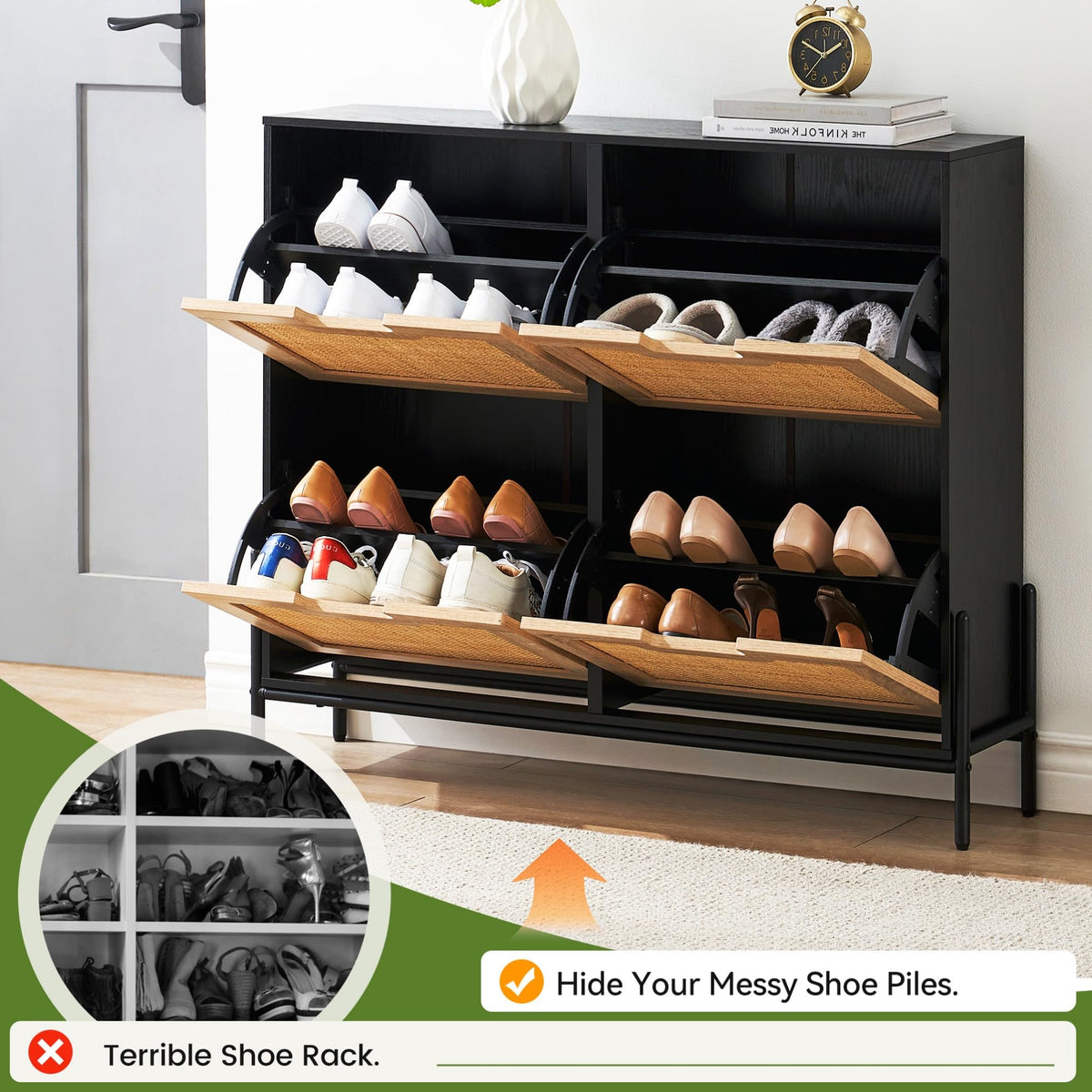 GAOMON Natural Rattan 4 Flip Door Shoe Rack Storage Cabinet, Shoe Cabinet Organizer Freestanding
