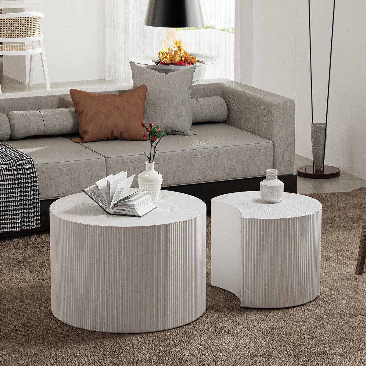 Round Nesting Coffee Table White Round Fluted Coffee Table Set of 2 for Living Room Small Circle