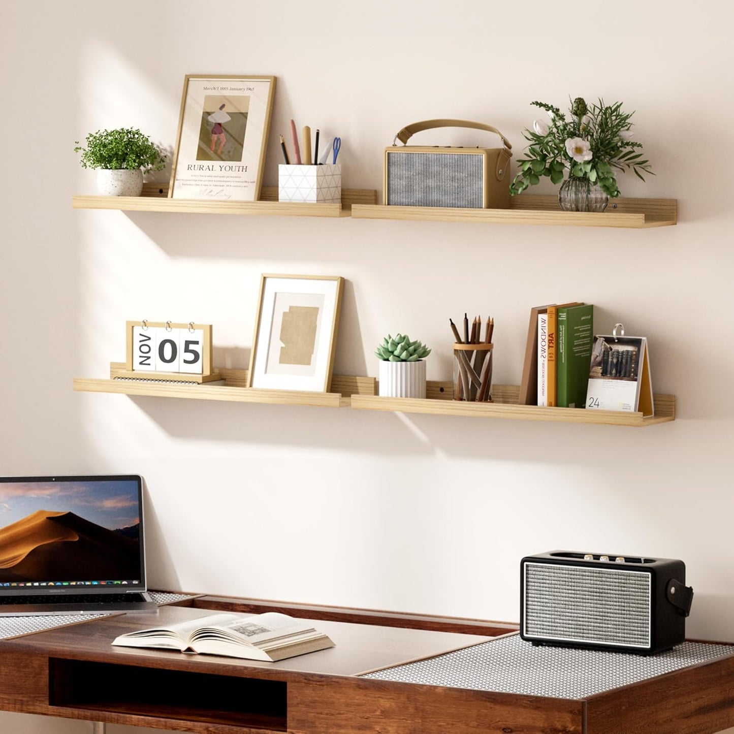 upsimples Floating Shelves for Wall, Wood Mounted Shelf Decor Storage Set of 6, for Bedroom, Living