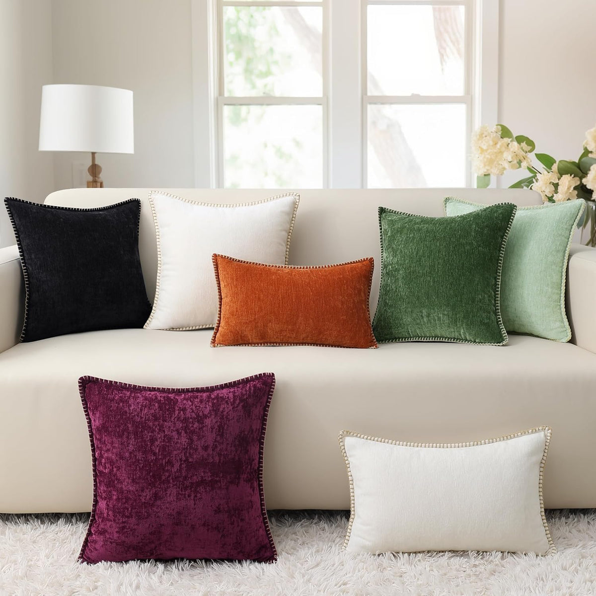 decorUhome Chenille Soft Throw Pillow Covers 22x22 Set of 2, Farmhouse Velvet Neutral Decorative