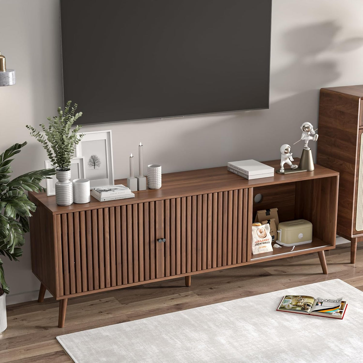Mid Century Modern TV Stand for Televisions up to 70 Inches, with Sliding Doors and Storage