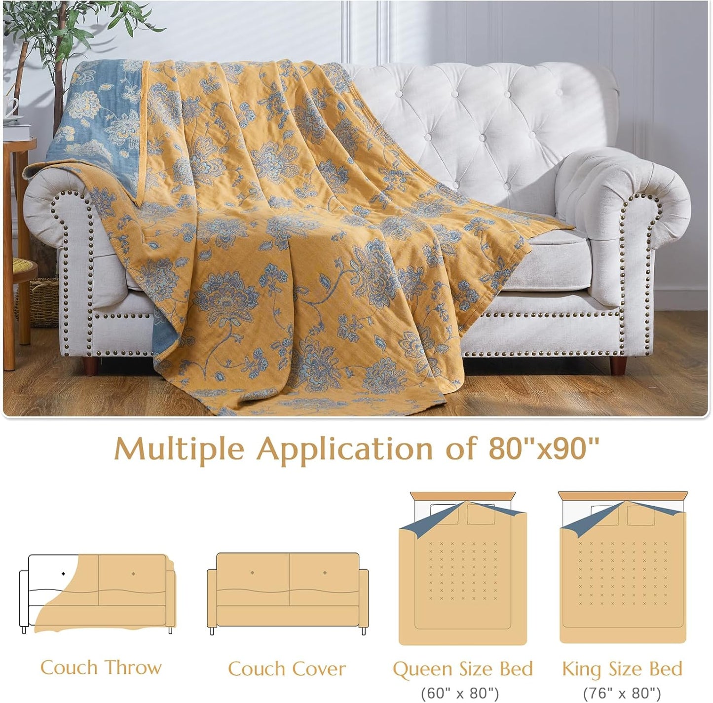 jinchan Boho 100% Cotton Muslin Queen Size 80x90 Inches Blanket Lightweight 4-Layer Quilted Soft
