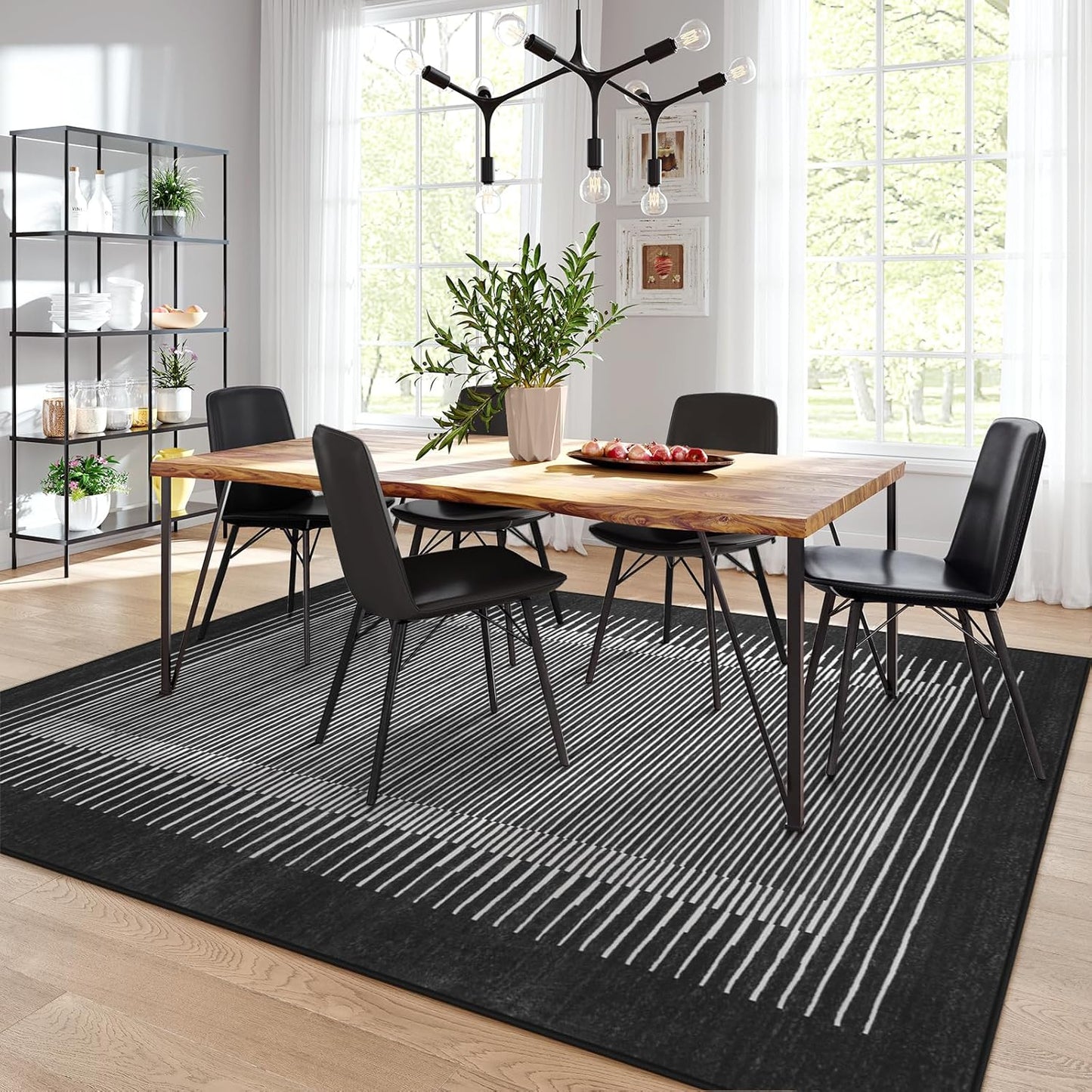 Wonnitar Striped Black Area Rugs 9x12 Living Room, Non-Slip Soft Berber Stripe Bedroom Rug, Low