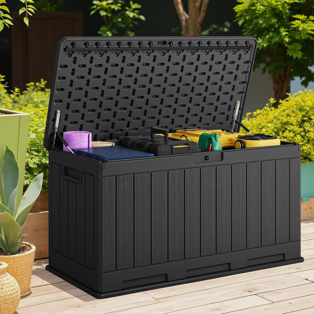 Devoko 90 Gallon Double-Wall Deck Box, Side Handles, HDPE Outdoor Large Storage Box Waterproof and