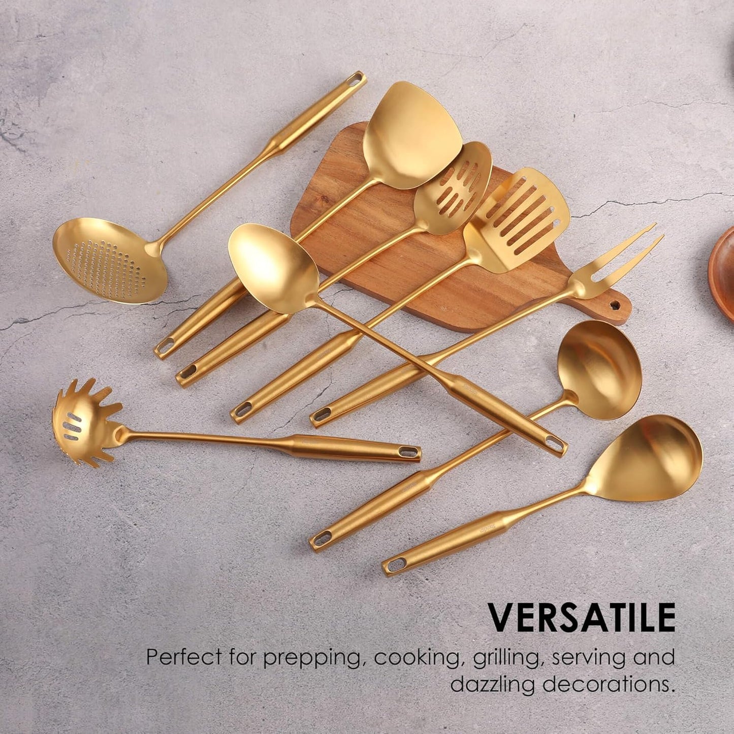 Gold Kitchen Utensils Set - 18/10 Stainless Steel Cooking Tools, 15" All Metal Serving Utensils