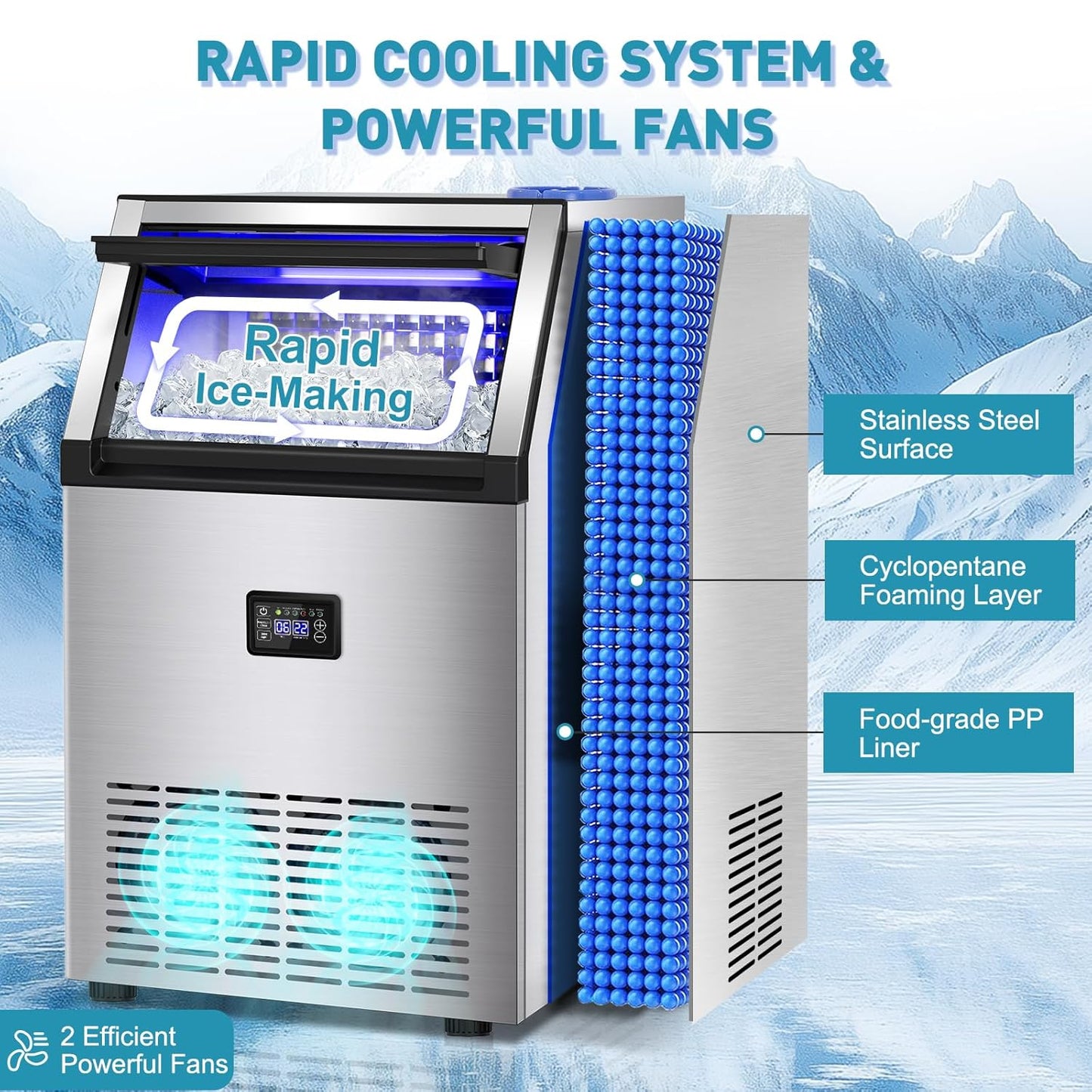 Commercial Ice Maker Machine, 175Lbs/24H with 45Lbs Storage, 55Pcs Clear Ice Cubes in 8-15Mins
