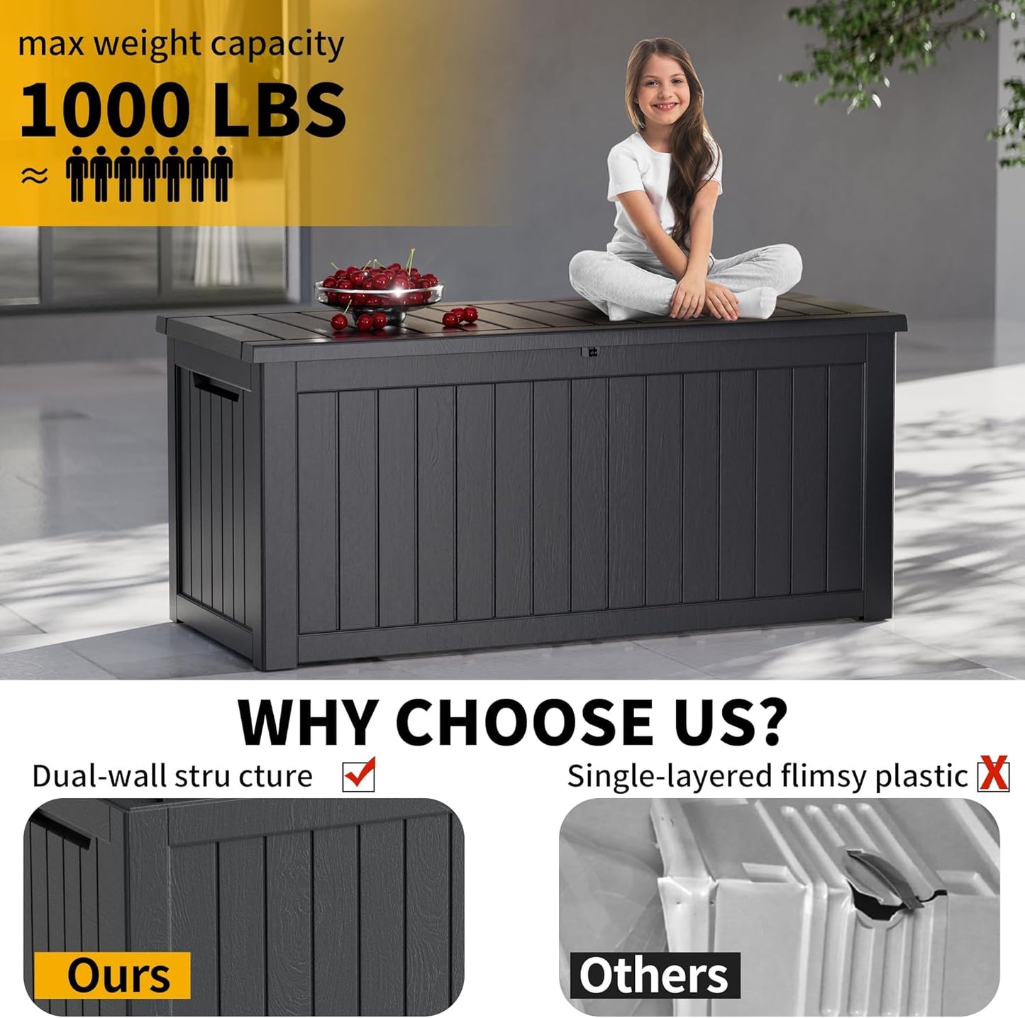 270 Gallon Outdoor Storage Box Patio Deck Box Waterproof, Resin Lockable Outside Large Storage Bin