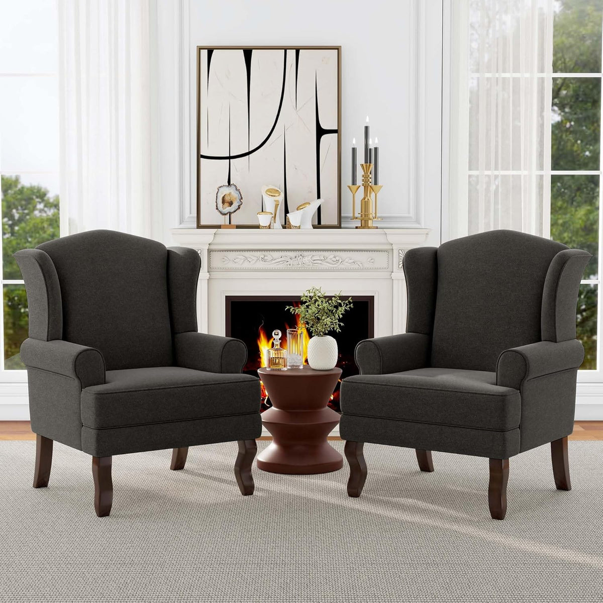 Accent Chair, High Back Upholstered Armchair with High Resilience Sponge & Wood Legs, Mid-Century