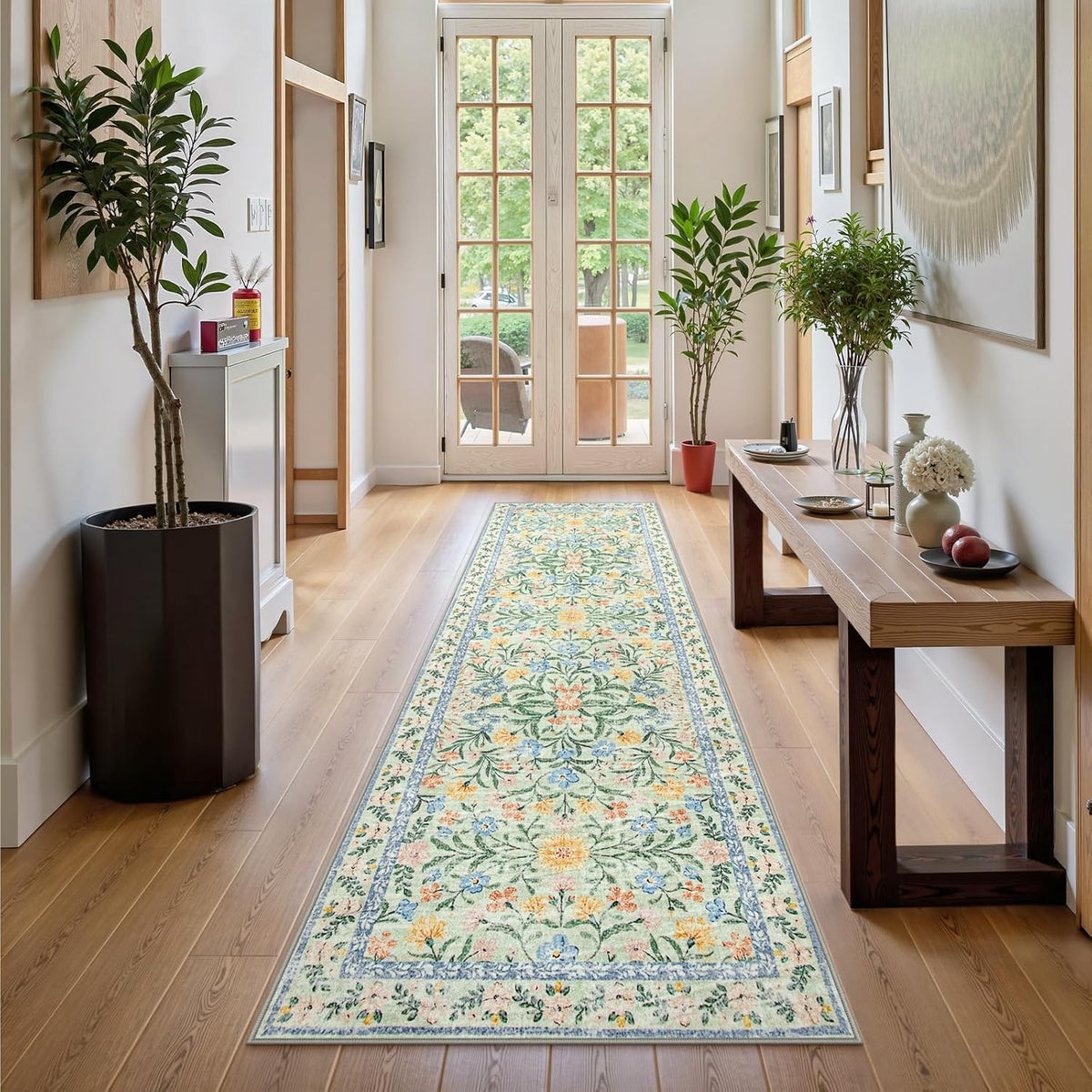 Wonnitar Washable Runners for Hallways, 2'6''x8' Floral Green Runner Rug for Kitchen Bathroom, Boho