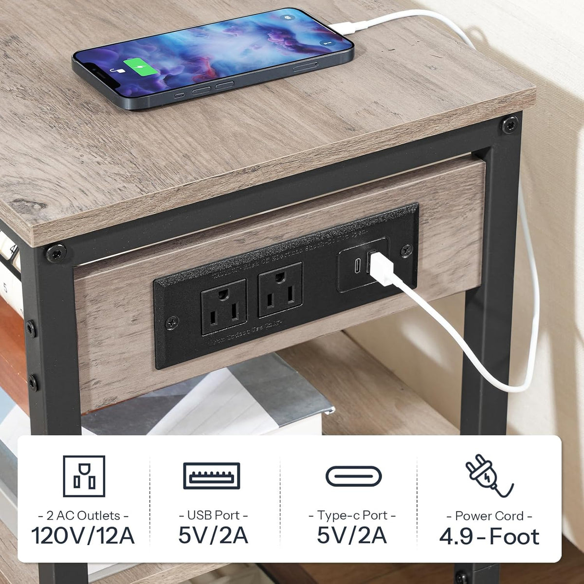 HOOBRO End Table with Charging Station, Simple Rustic Side Table with 3-Tier Storage Shelf, Narrow
