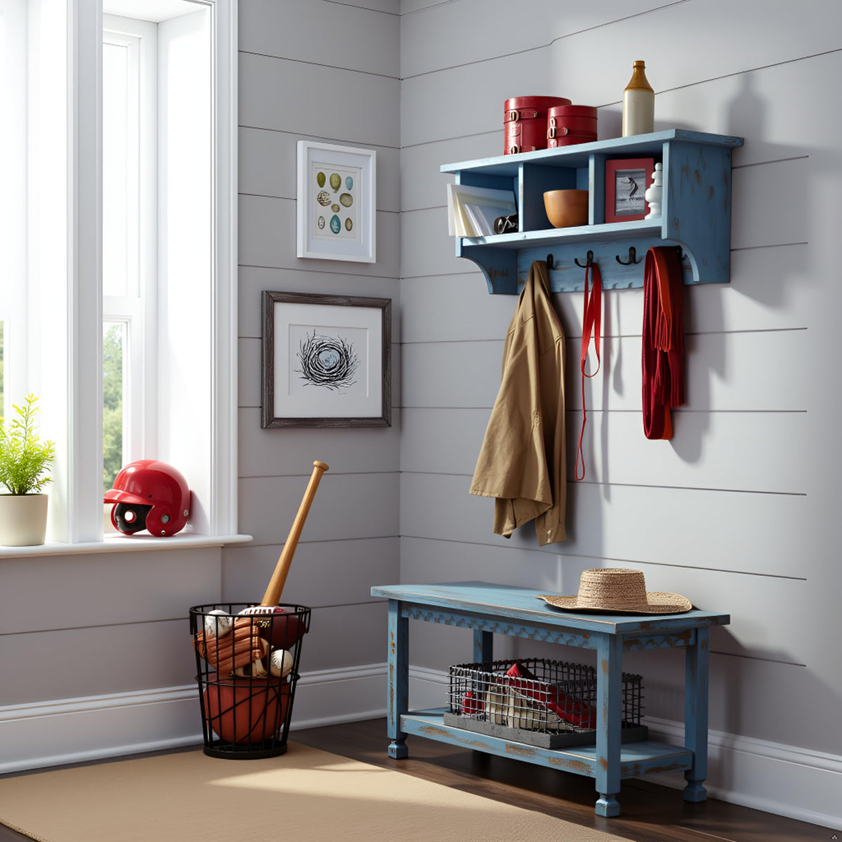 Country Cottage 36" Wall-Mount Coat Rack and Entryway Bench Set – Coat Hanger with Cubbies and