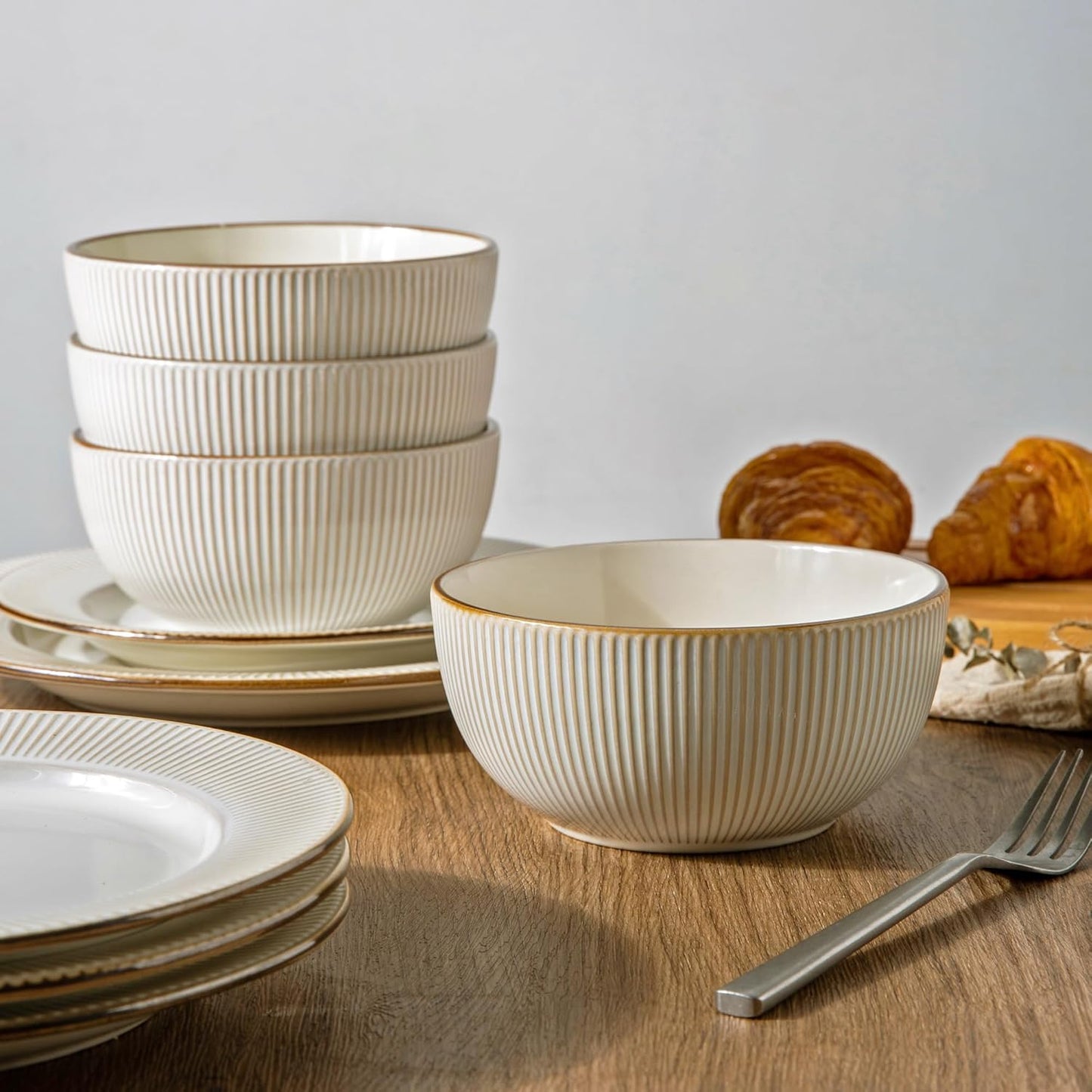 GBHOME Ceramic Dinnerware Sets, 24 pcs Embossed Elegant Stoneware Plates and Bowls Sets