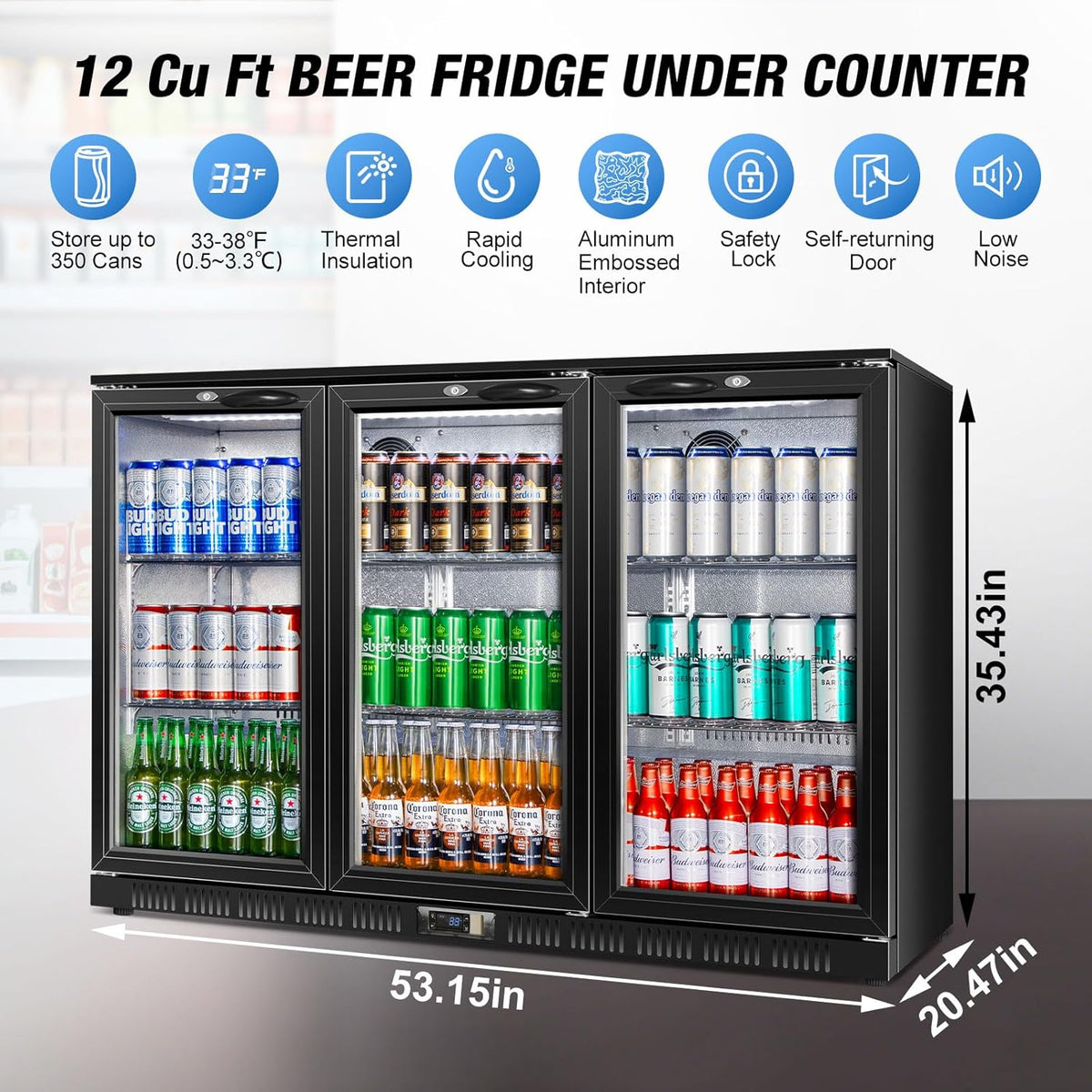 Beverage Refrigerator, 53.15W Inch 12 Cu.Ft Drink Fridge, Back Bar Beer Fridge with 3 Glass Door