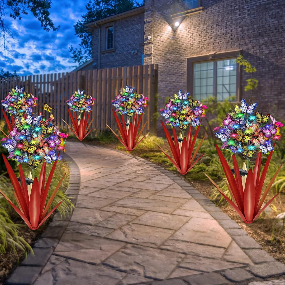 Homight Solar Metal Agave Butterfly Flower Stick Garden Sculpture - Outdoor Gift, Christmas Lights