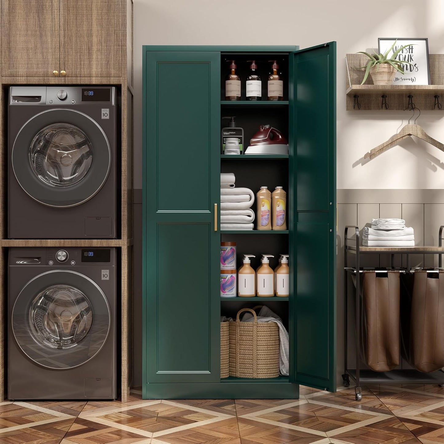Kitchen Pantry Cabinet,71”Green Metal Pantry Storage Cabinets with Doors and 4 Adjustable