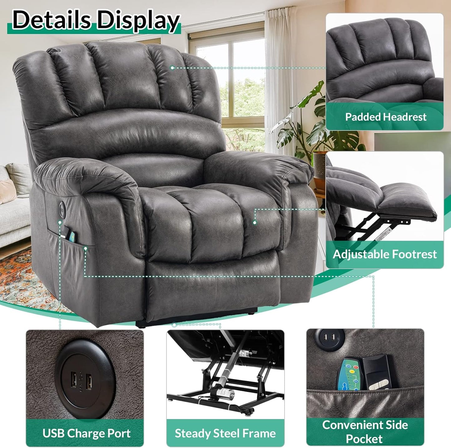 VIVIJASON Large Dual OKIN Motor Lay Flat Sleeper Lift Recliner Chair with Heat & Massage for