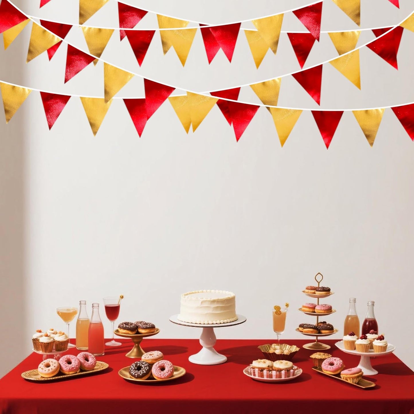 Red Gold Party Decorations Metallic Fabric Triangle Pennant Banner Flag Bunting Garland for