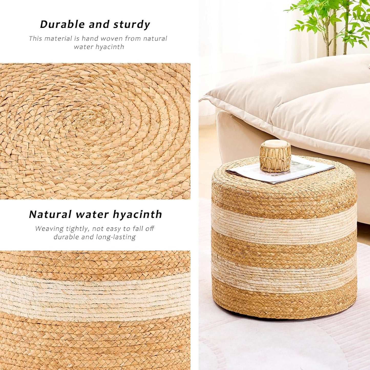 Handwoven Ottoman Pouf, Natural Water Hyacinth Footstool, Round Braided Outdoor Seat with Sturdy