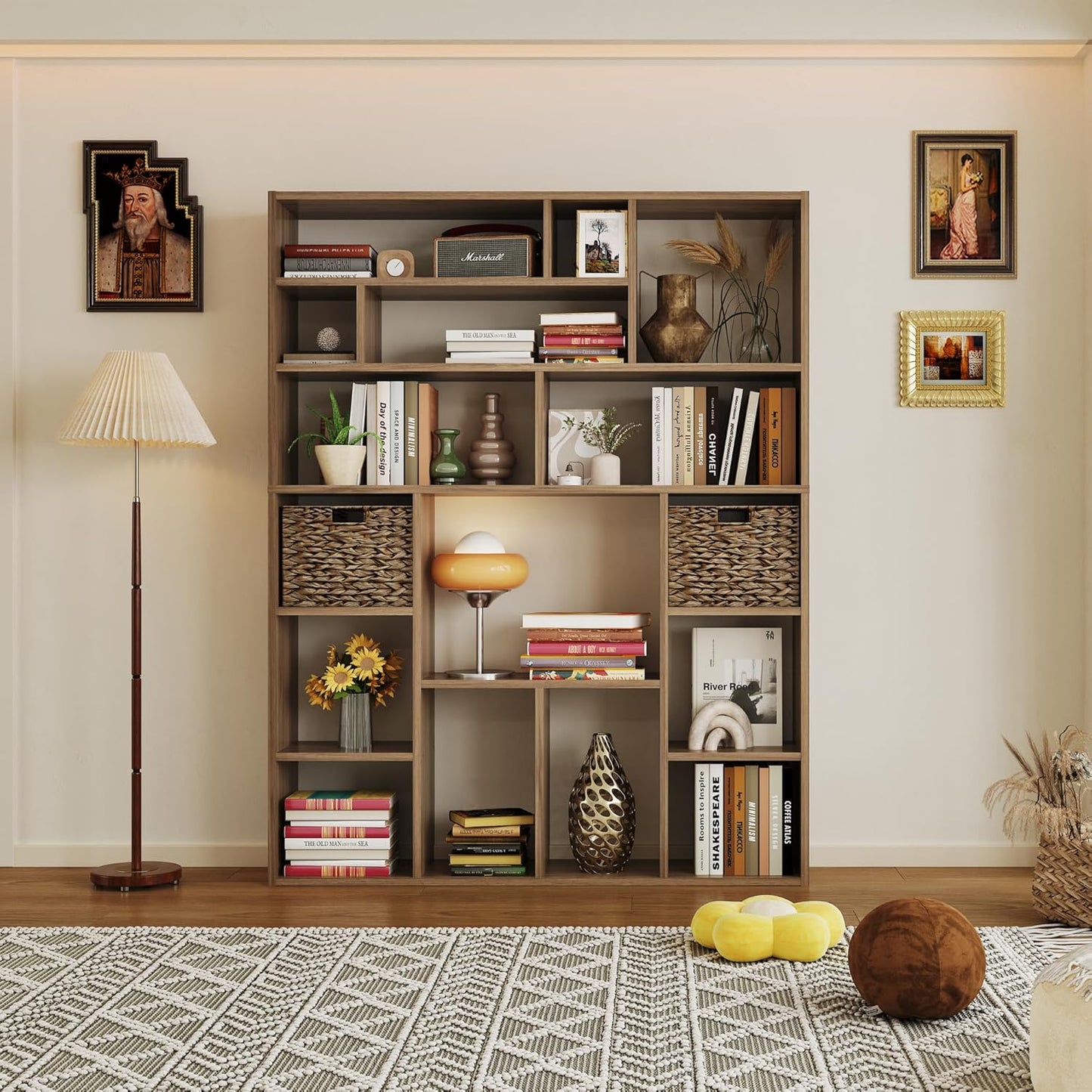 71” Tall Wooden Bookcase 6-Tier Large Bookshelves with 2 Woven Baskets, 55" Wide Floor Standing
