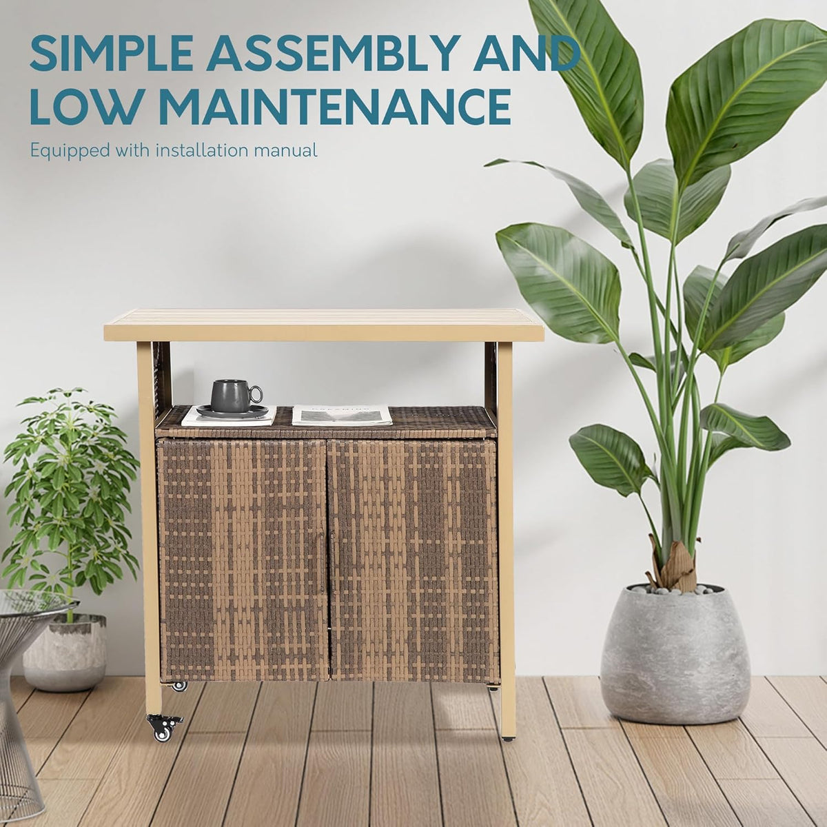 Outdoor Indoor Storage Cabinet with Rolling Wheels, Patio Serving Cart with Bar Table and Wicker