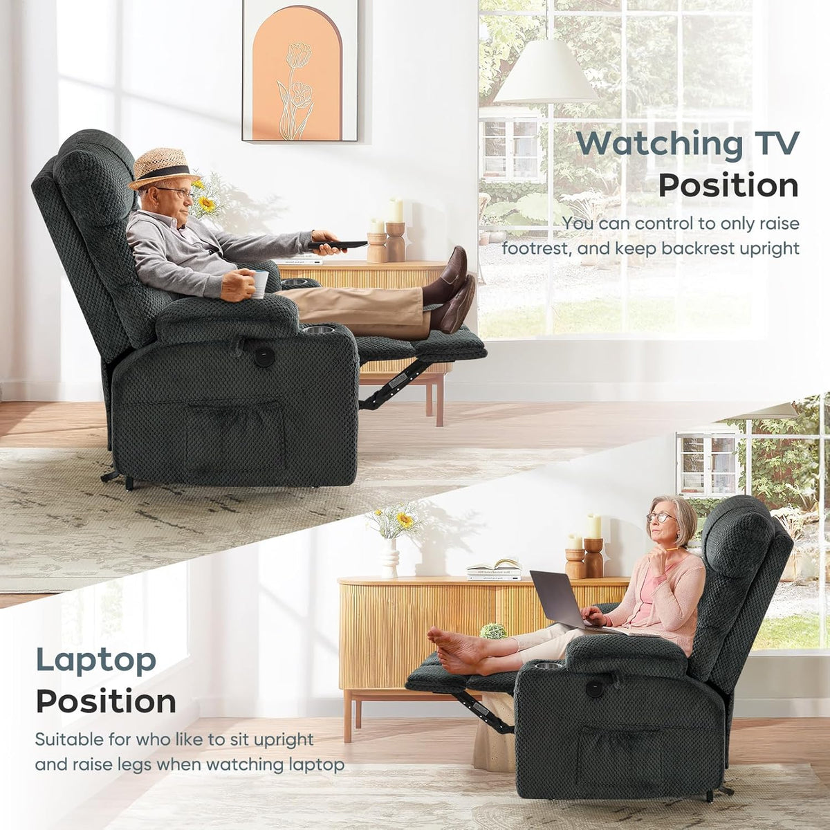 Oversized Dual Motor Lay Flat Power Lift Recliner Chair with Massage, Heating, Lumbar Pillow, USB &