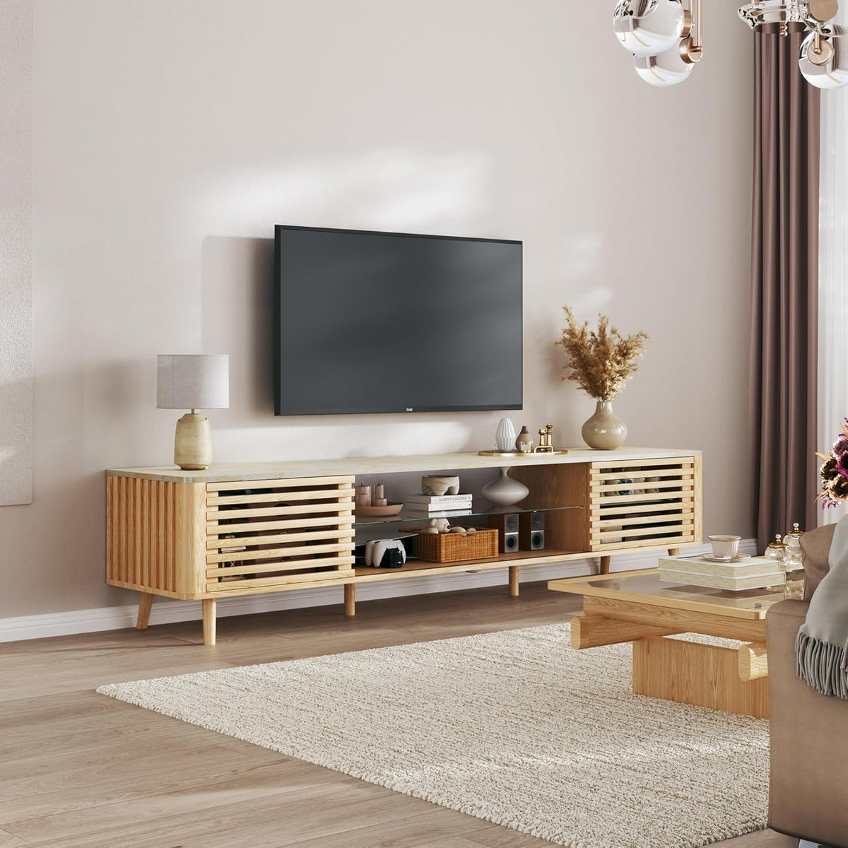 70" Mid Century Modern TV Stand for 55/65/75 Inch TV, Faux Marble Top Entertainment Center with