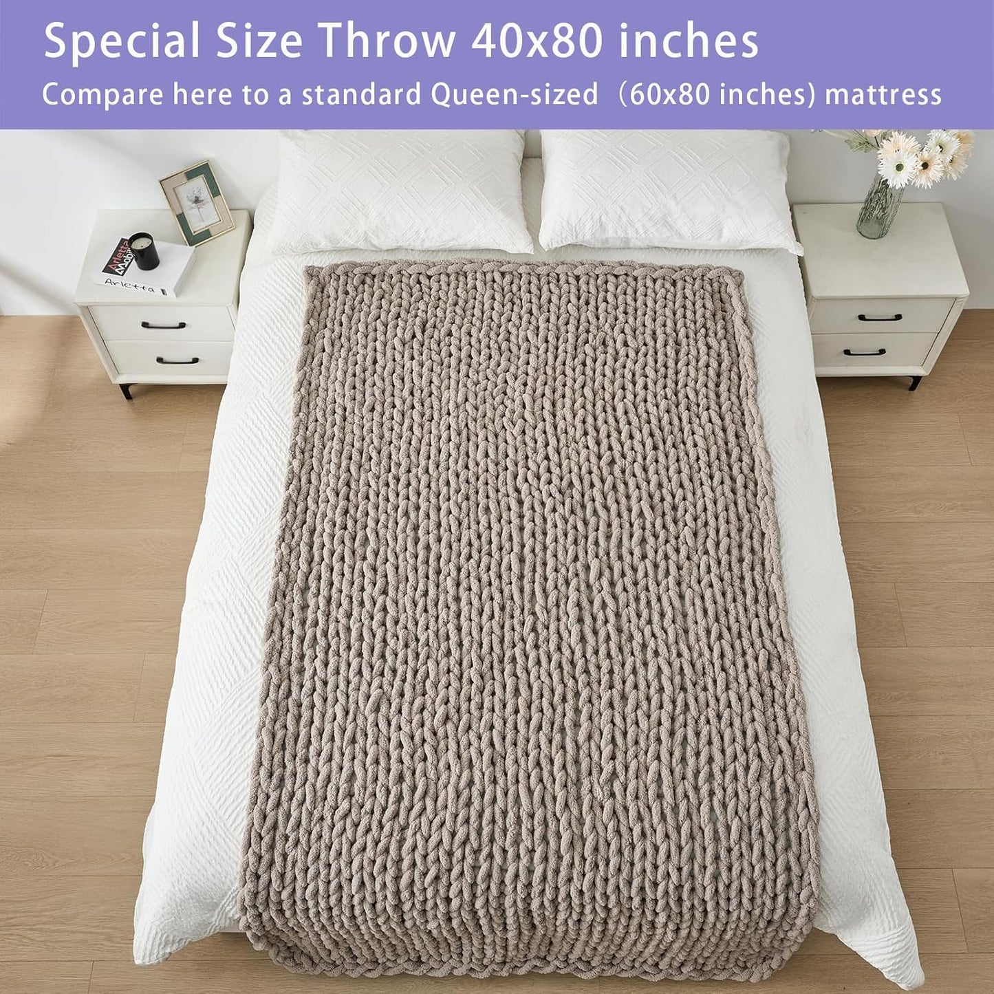 Bigacogo Chunky Knit Throw Blanket for Couch, 40x80 inches, 100% Hand Knitted with Thick Jumbo