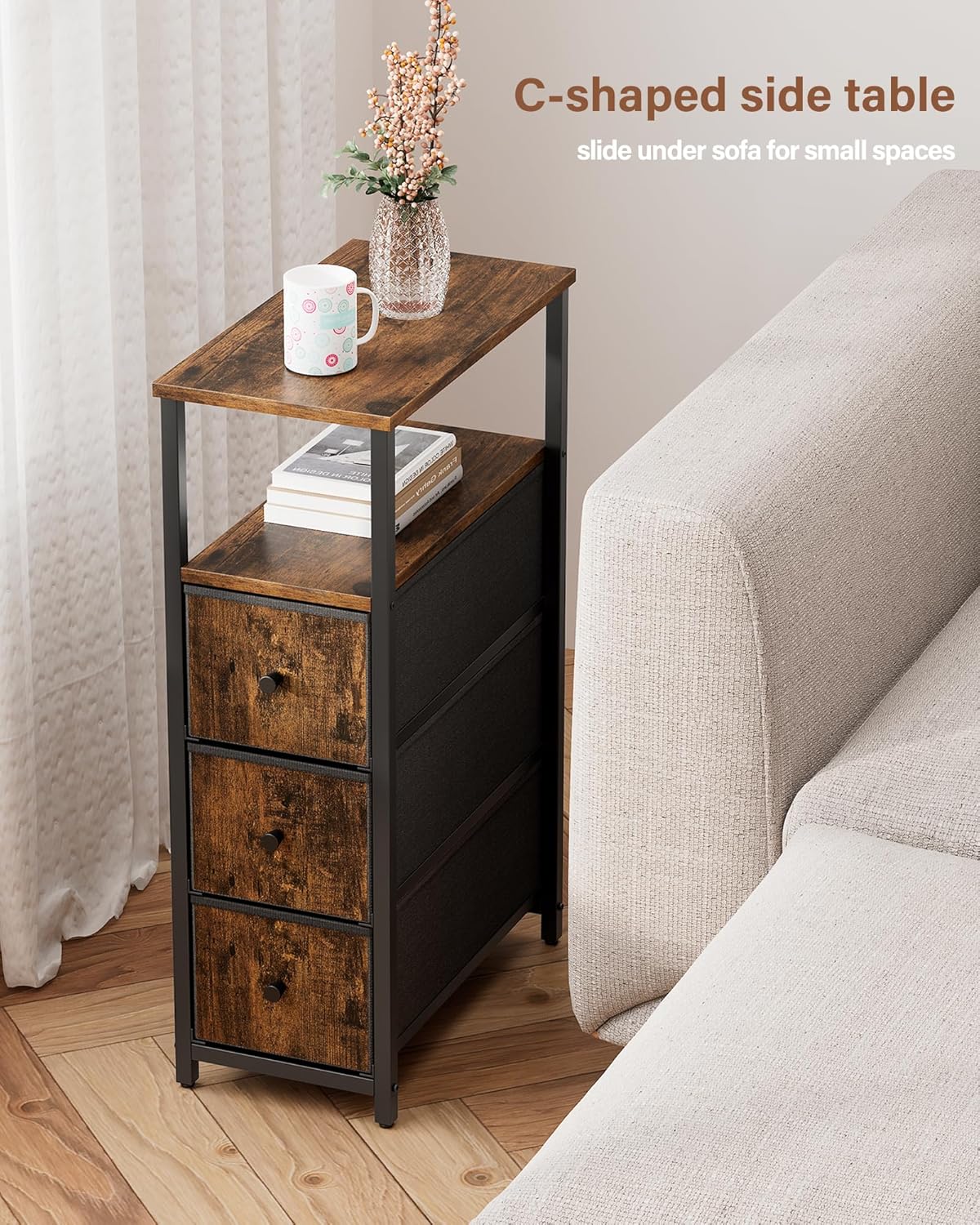 TUTOTAK Narrow Night Stand, Slim End Table, Tall Side Table with 3 Fabric Drawer, Small Bedside