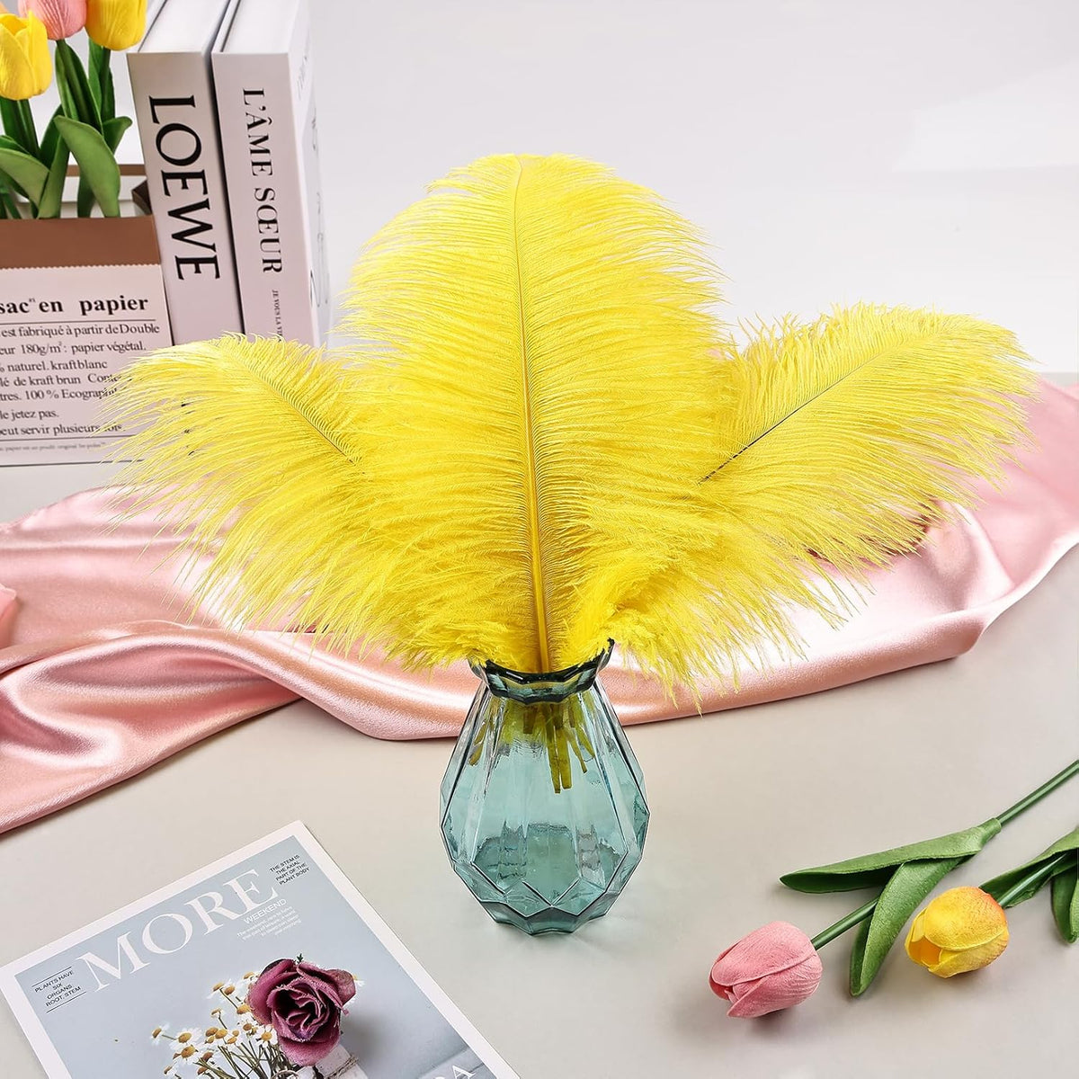 THARAHT Yellow Ostrich Feathers 12pcs Natural Bulk 8-10Inch 20cm-25cm for Crafts Wedding Party