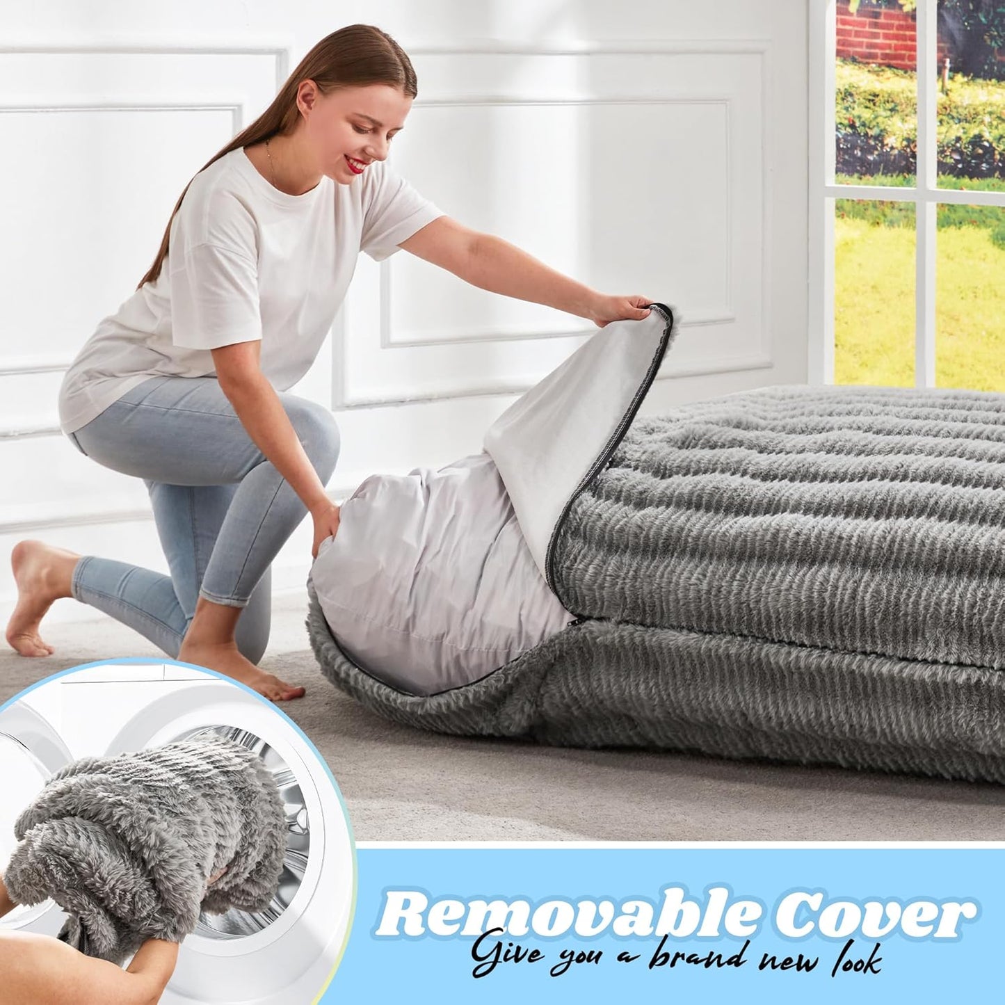 Hobestluk 3 in 1 Bean Bag Chair Giant Bean Bag Chairs for Adults with Ripple Cover Convertible Bean