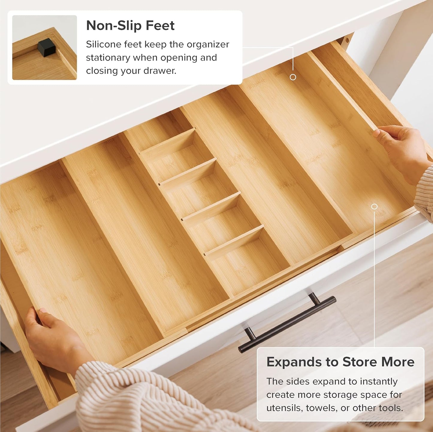 Adjustable Kitchen Drawer Organizer for Utensils and Junk, Food-Safe Contract Grade with 100%