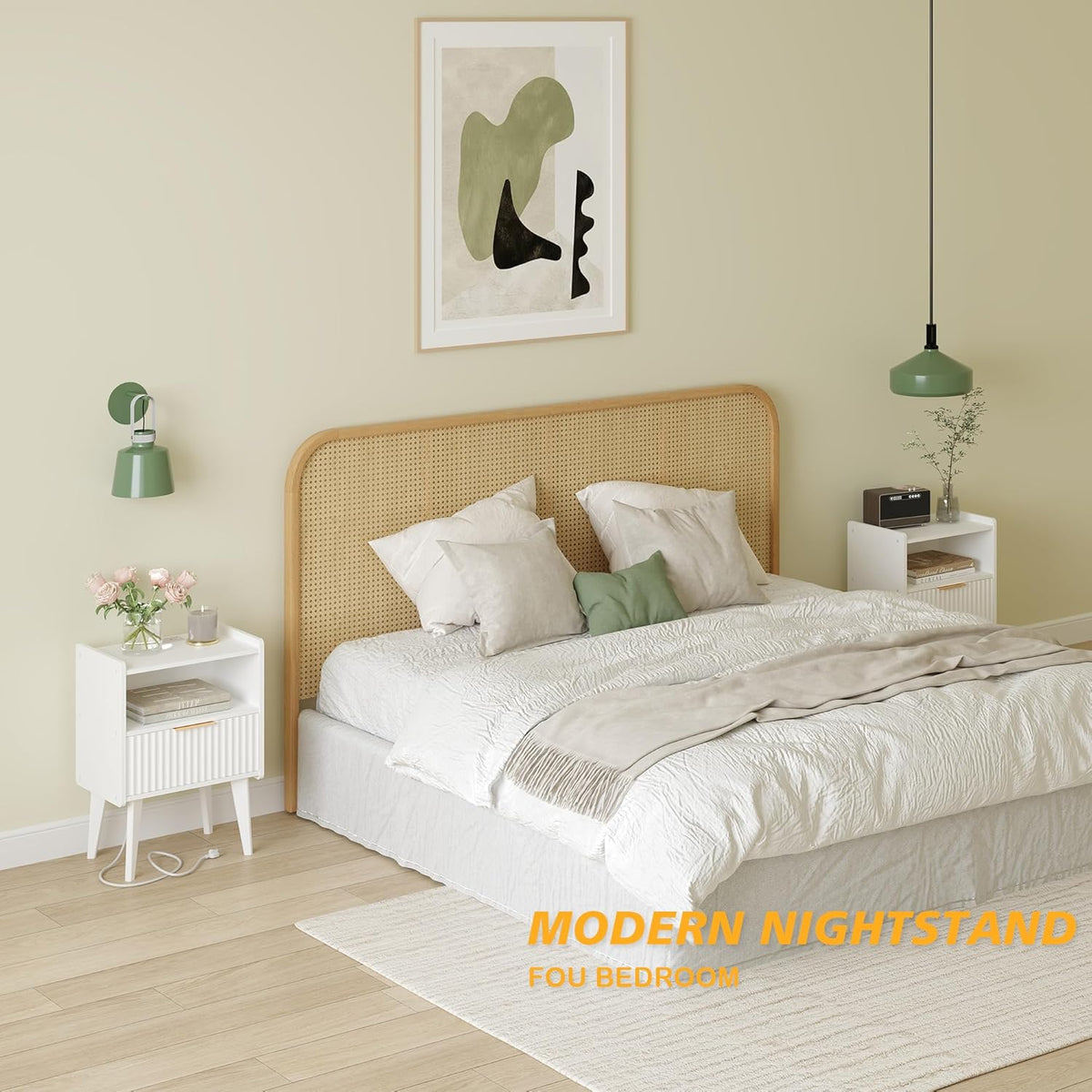 Fluted Nightstand with Charging Station, Modern Bedside Table with Drawer,White Nightstand with