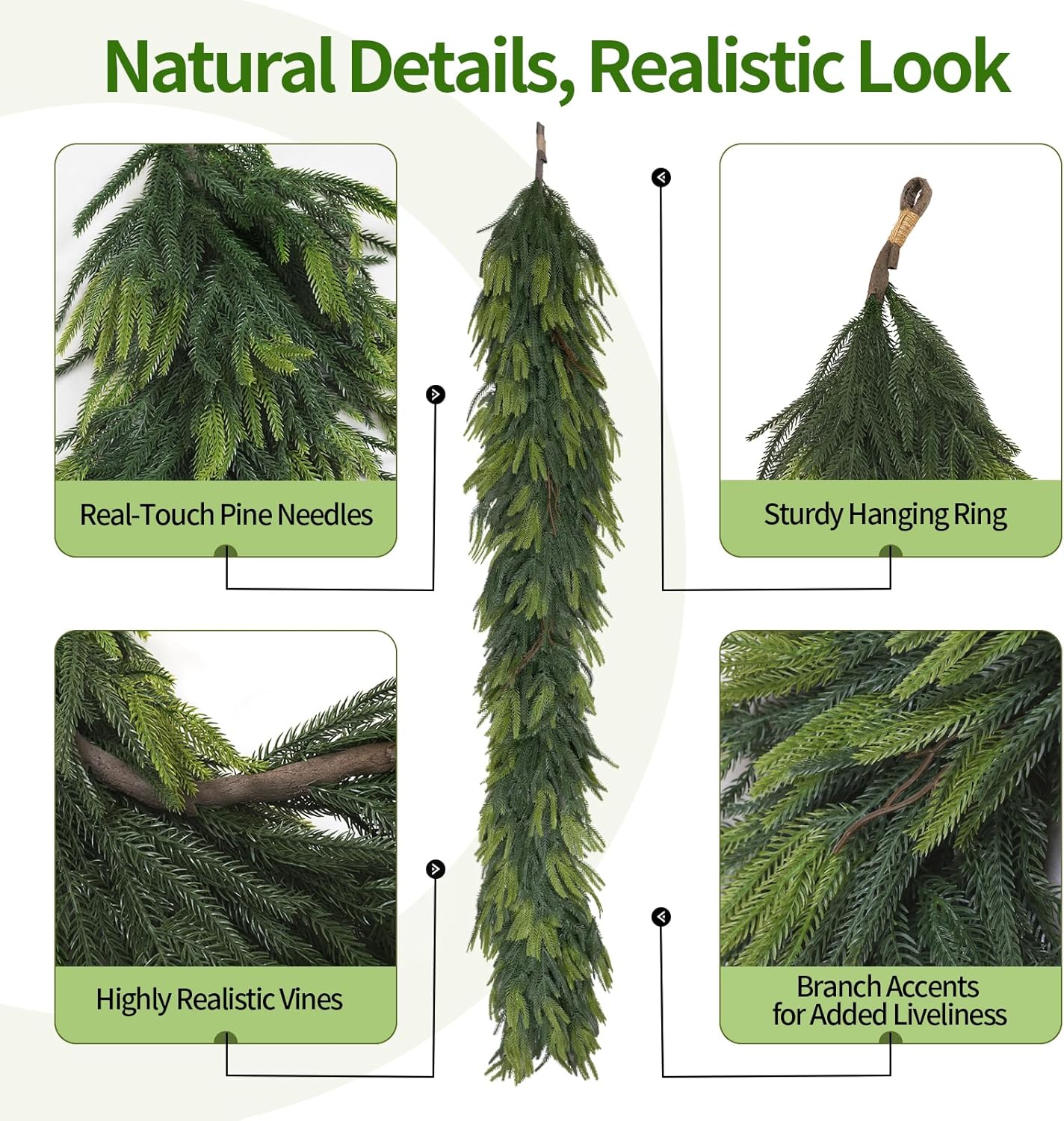 6FT Artificial Norfolk Pine Garland 2 Pack – Dense Green Christmas Garland, Real Touch Holiday