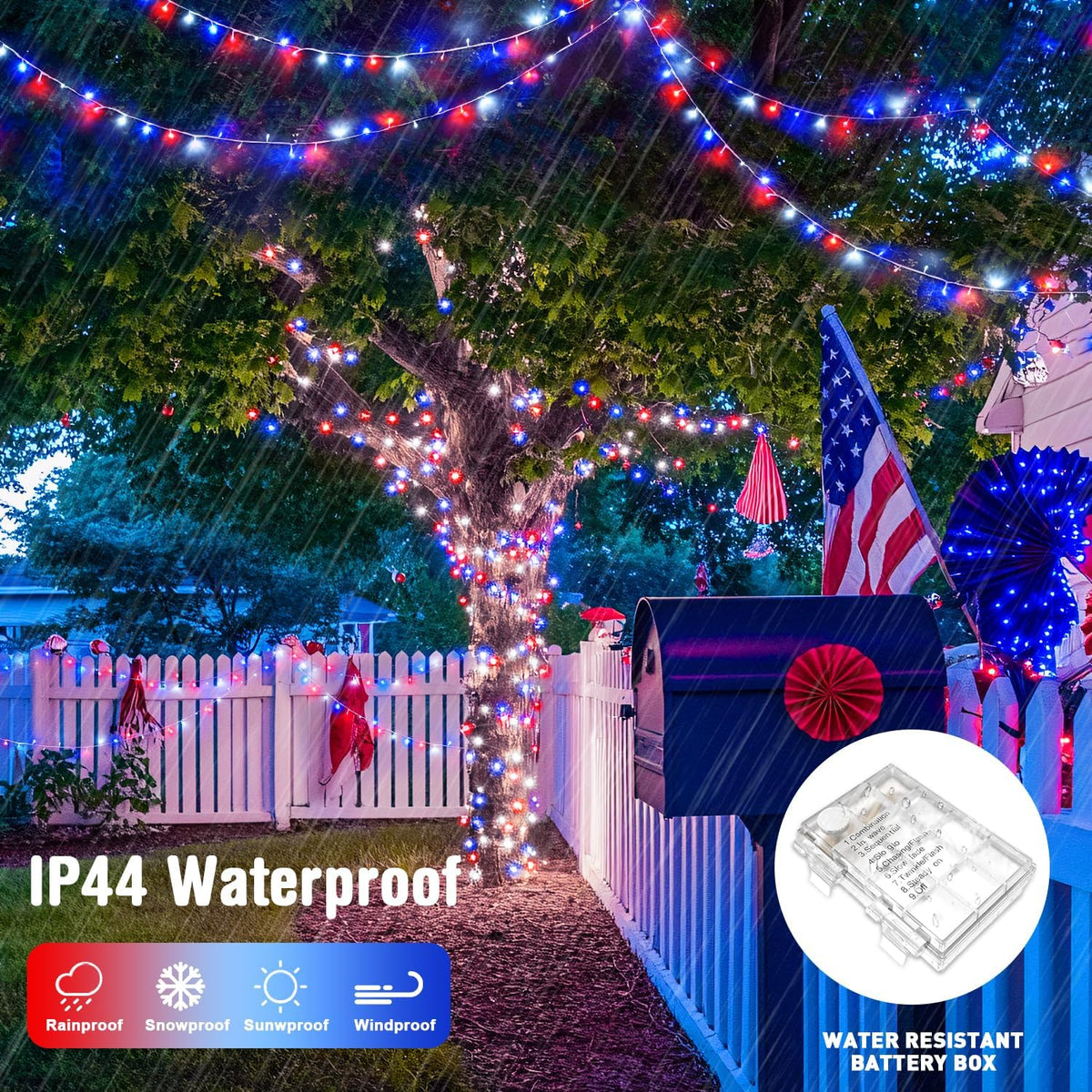 JMEXSUSS 2 Pack Red White and Blue Lights Outdoor, 33ft 100 LED 4th of July Lights Battery