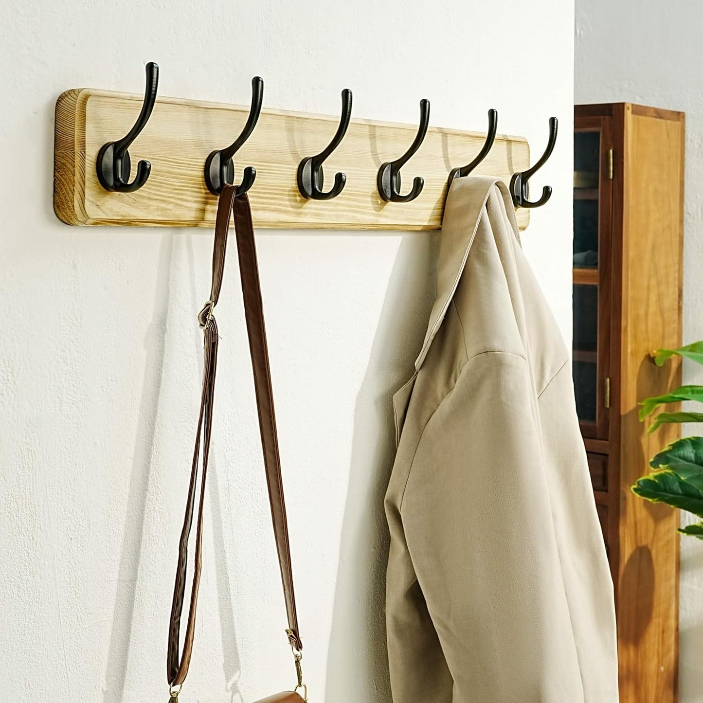 Dseap Coat Rack Wall: 24" Long, Patented, Heavy-Duty, 6-Double-Hooks Wooden Wall Mounted Coat Rack