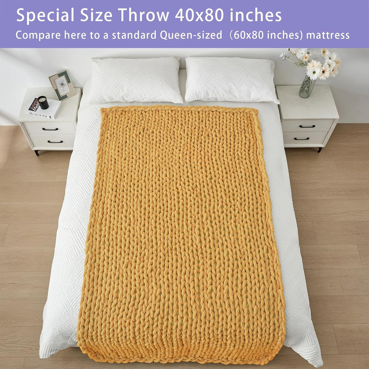Bigacogo Chunky Knit Throw Blanket for Couch, 40x80 inches, 100% Hand Knitted with Thick Jumbo