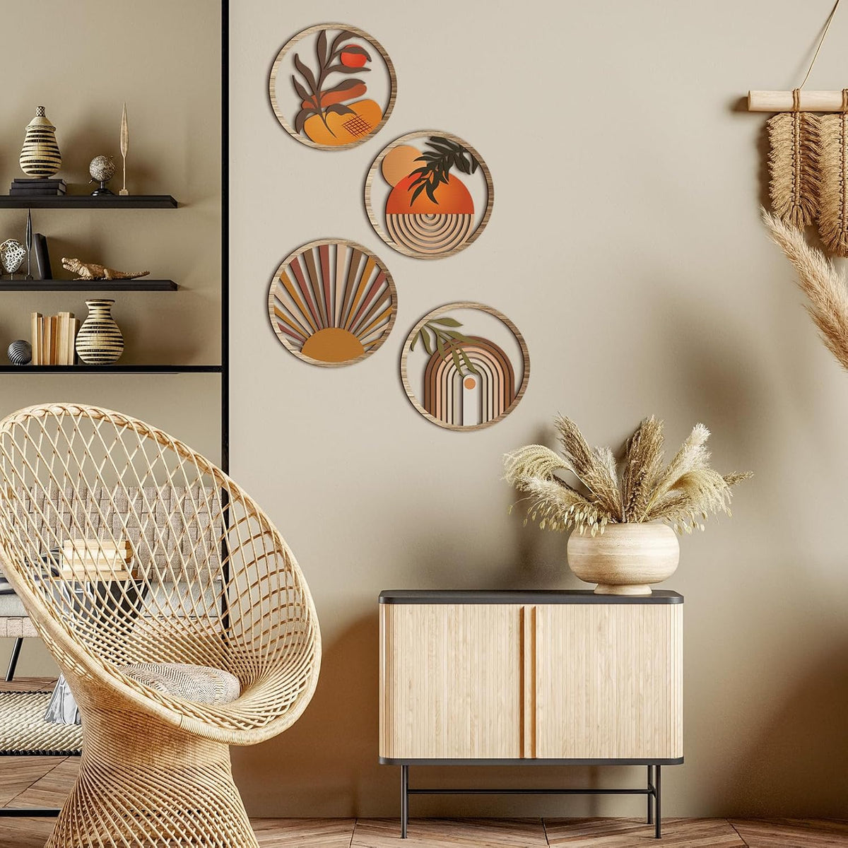 Qunclay 4 Pieces Boho Wall Art Wooden Bohemian Wall Decor Hanging Art Nursery Decor Farmhouse