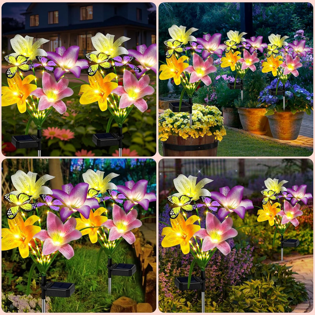 Solar Garden Lights Outdoor, 4 Pack Flower Lights for Outside, 16 Solar Lilies with Butterflies