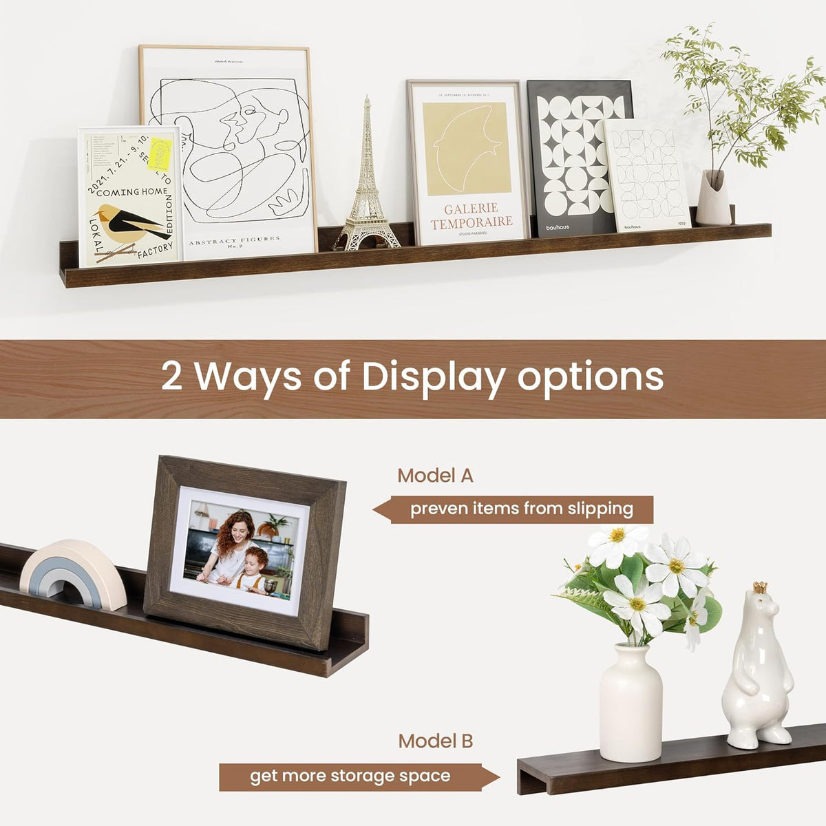 Picture Ledge Shelf, Solid Pine Wood Floating Shelves Set of 2, 40 Inches Nursery Book Shelves for