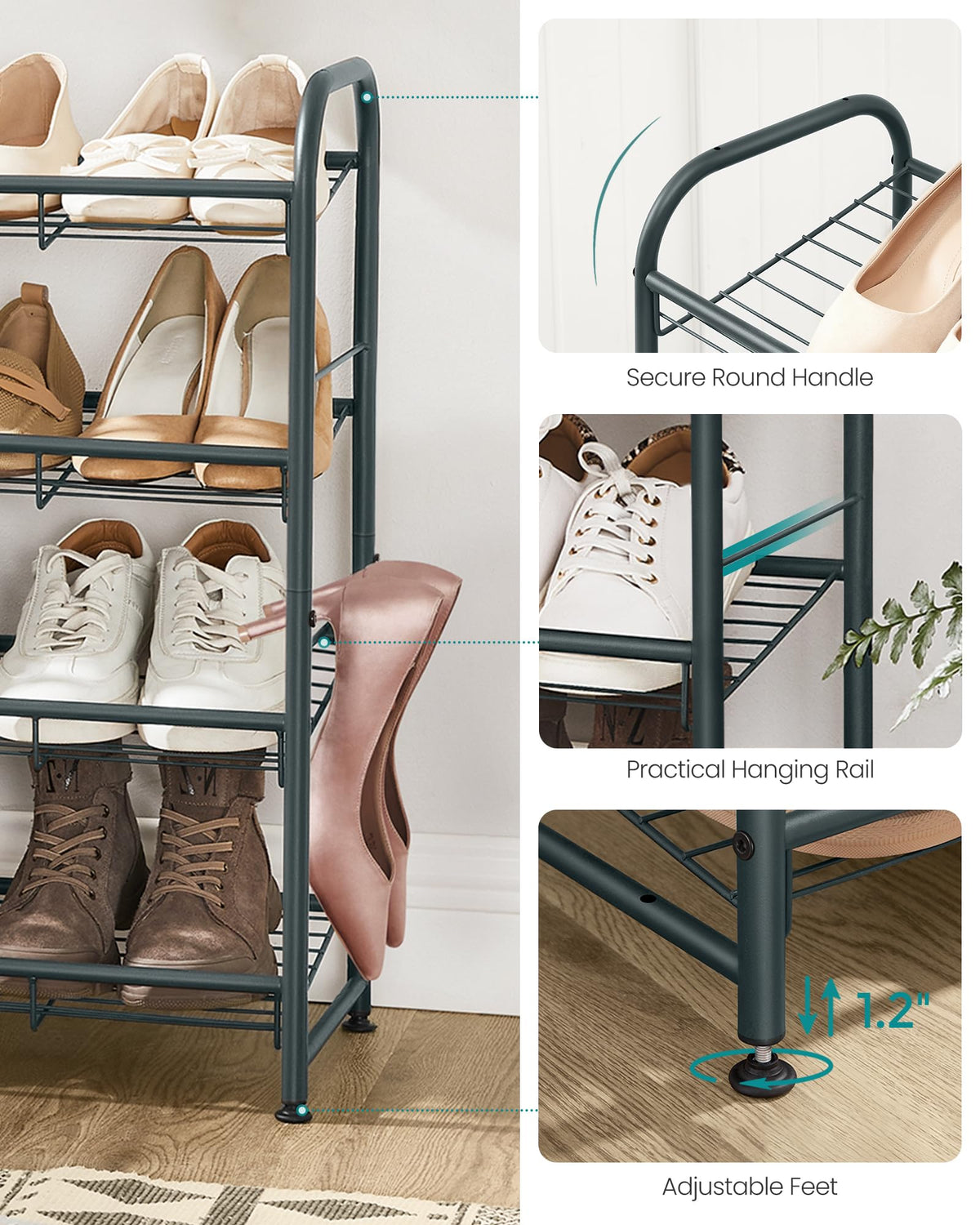SONGMICS 4-Tier Stackable Metal Shoe Rack, Holds Up to 16 Pairs of Shoes