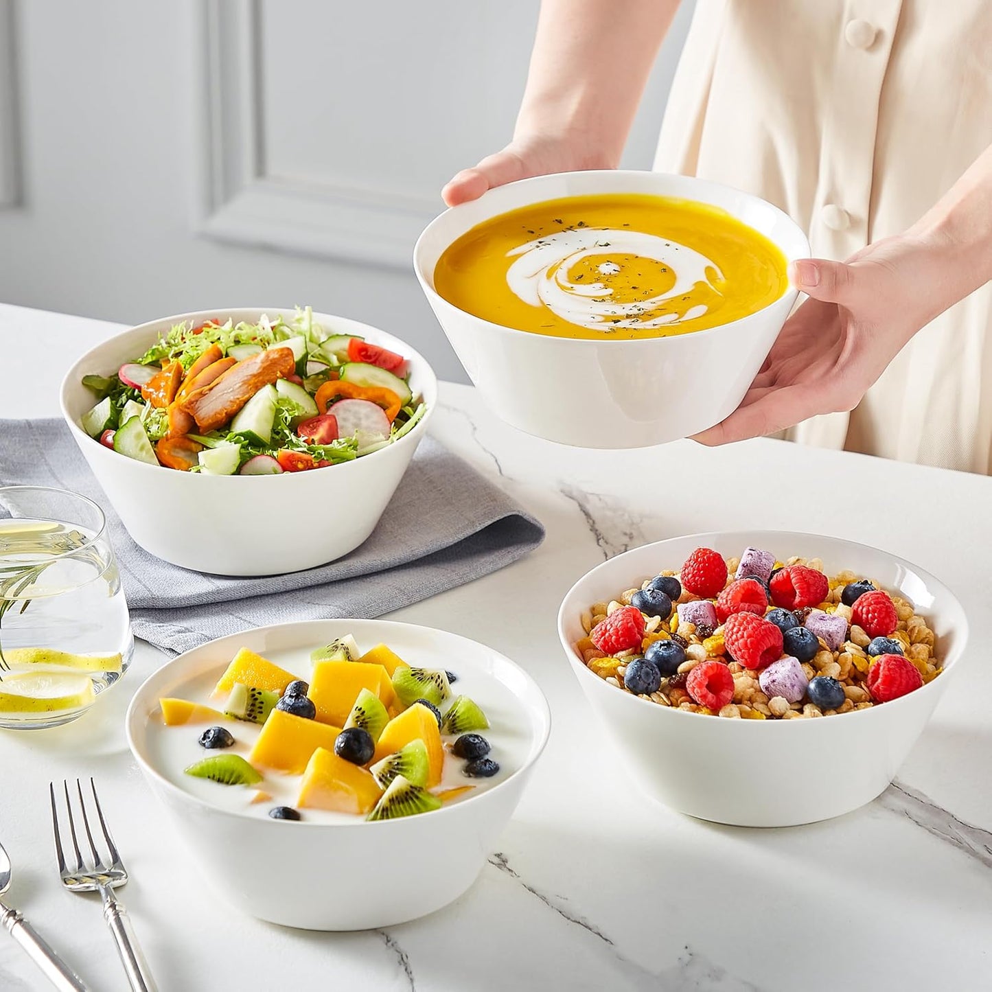 MALACASA 35 OZ Soup Bowls, White Porcelain Bowls Set of 4, Deep Bowls for Kitchen, Large Ceramic